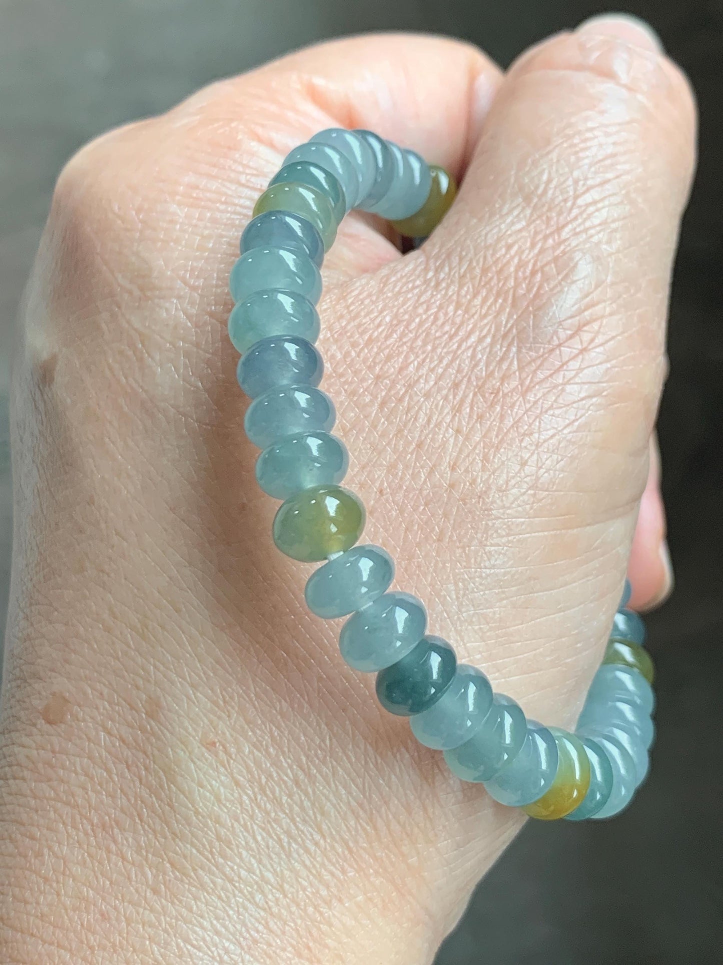 Natural Grade A Guatemalan Icy Highly Translucent Light Teal & Yellow Jade Jadeite Drum Beads Beaded Bracelet 6.5” 20g 天然冰胶危蓝加黄翡翠鼓珠手串WQD580B