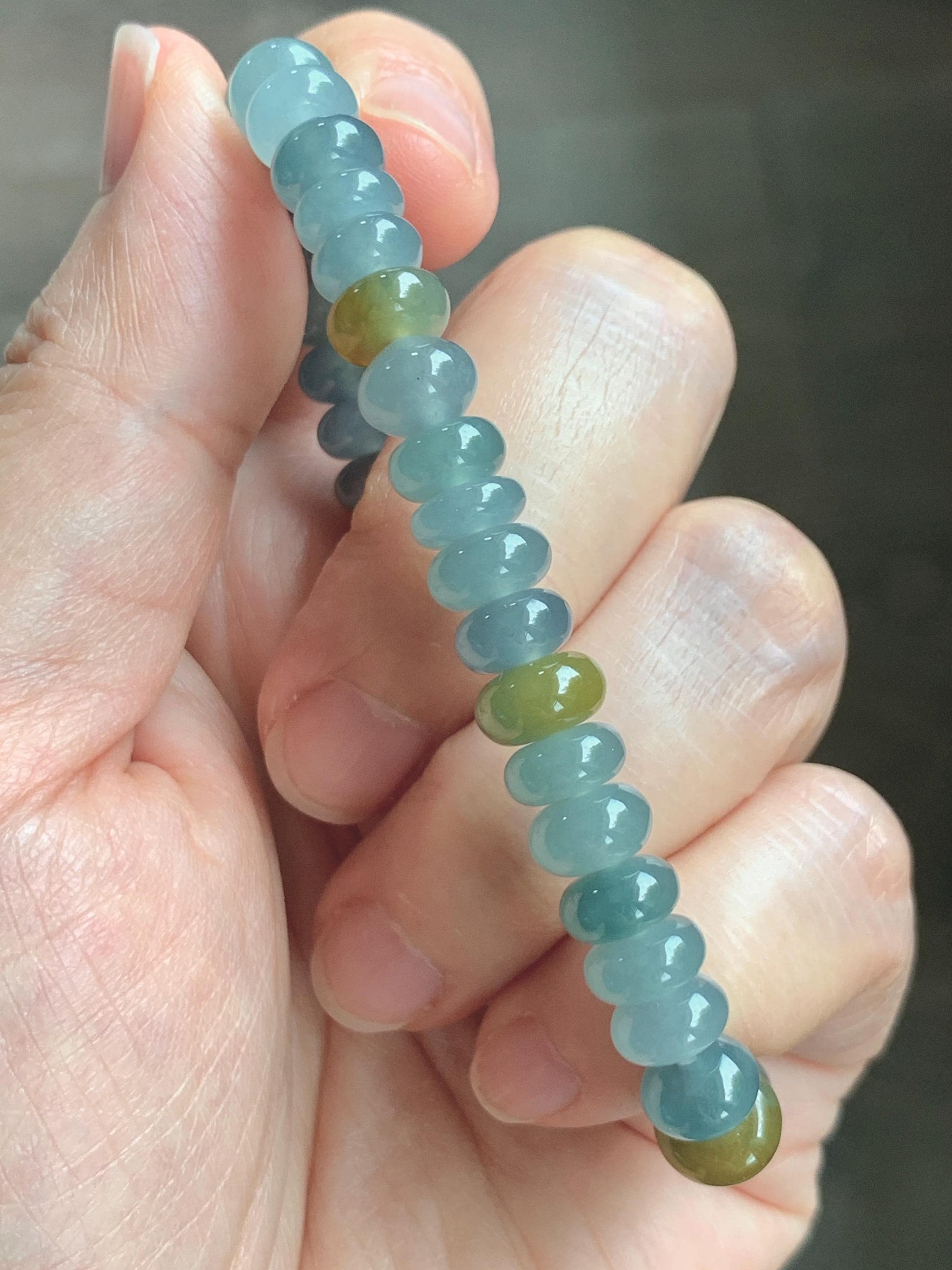 Natural Grade A Guatemalan Icy Highly Translucent Light Teal & Yellow Jade Jadeite Drum Beads Beaded Bracelet 6.5” 20g 天然冰胶危蓝加黄翡翠鼓珠手串WQD580B