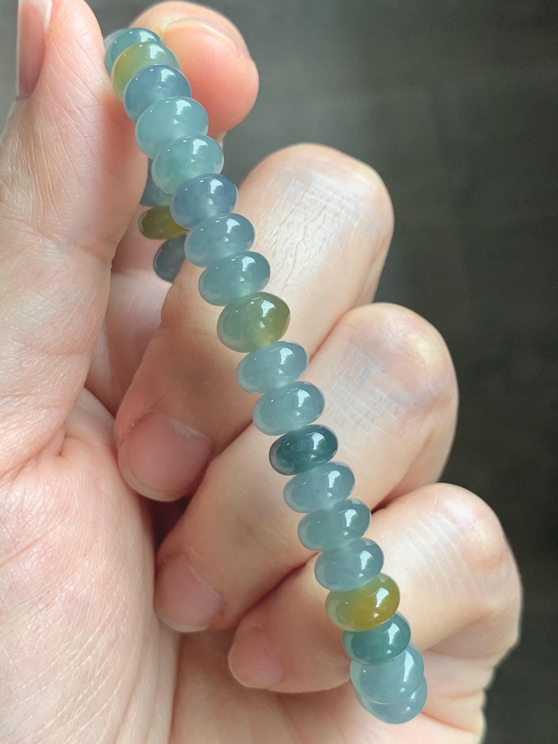 Natural Grade A Guatemalan Icy Highly Translucent Light Teal & Yellow Jade Jadeite Drum Beads Beaded Bracelet 6.5” 20g 天然冰胶危蓝加黄翡翠鼓珠手串WQD580B