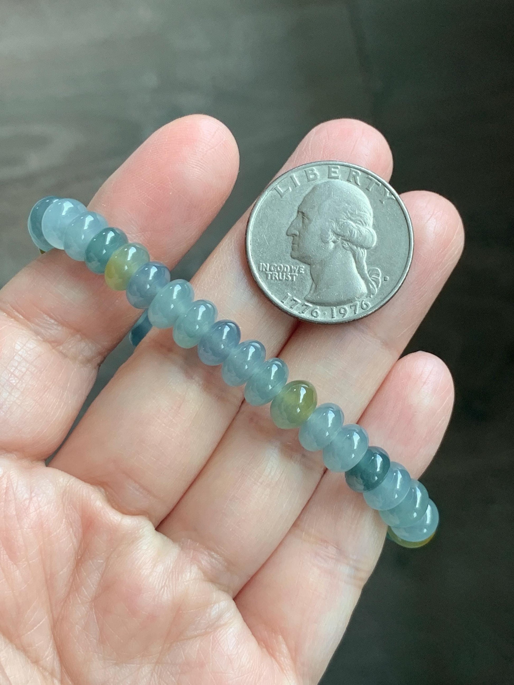 Natural Grade A Guatemalan Icy Highly Translucent Light Teal & Yellow Jade Jadeite Drum Beads Beaded Bracelet 6.5” 20g 天然冰胶危蓝加黄翡翠鼓珠手串WQD580B