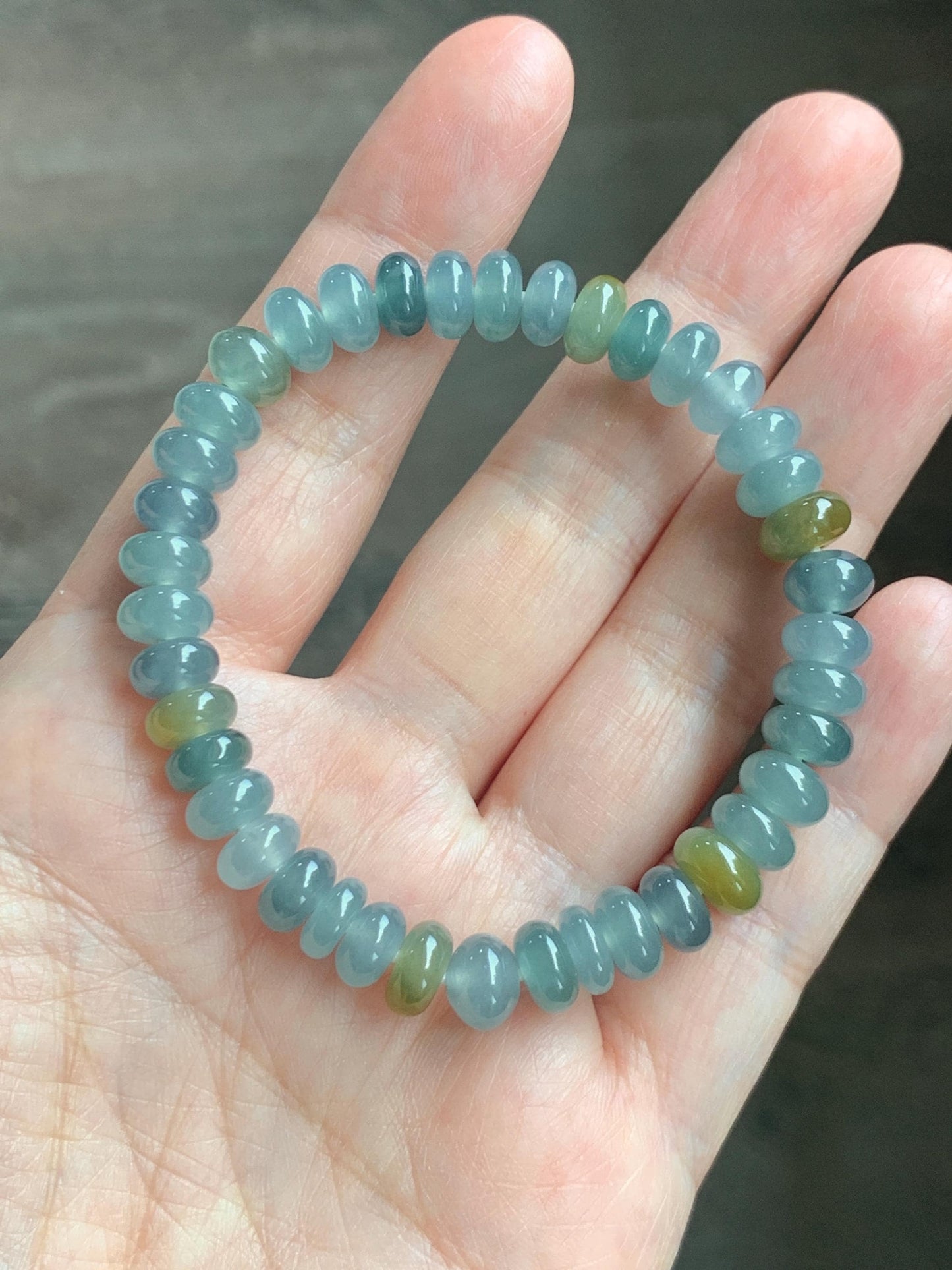 Natural Grade A Guatemalan Icy Highly Translucent Light Teal & Yellow Jade Jadeite Drum Beads Beaded Bracelet 6.5” 20g 天然冰胶危蓝加黄翡翠鼓珠手串WQD580B