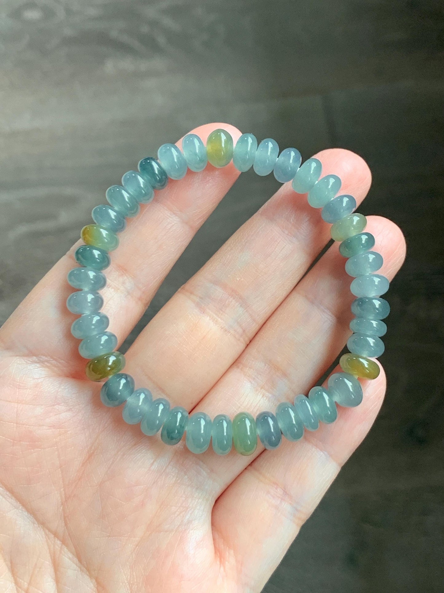 Natural Grade A Guatemalan Icy Highly Translucent Light Teal & Yellow Jade Jadeite Drum Beads Beaded Bracelet 6.5” 20g 天然冰胶危蓝加黄翡翠鼓珠手串WQD580B