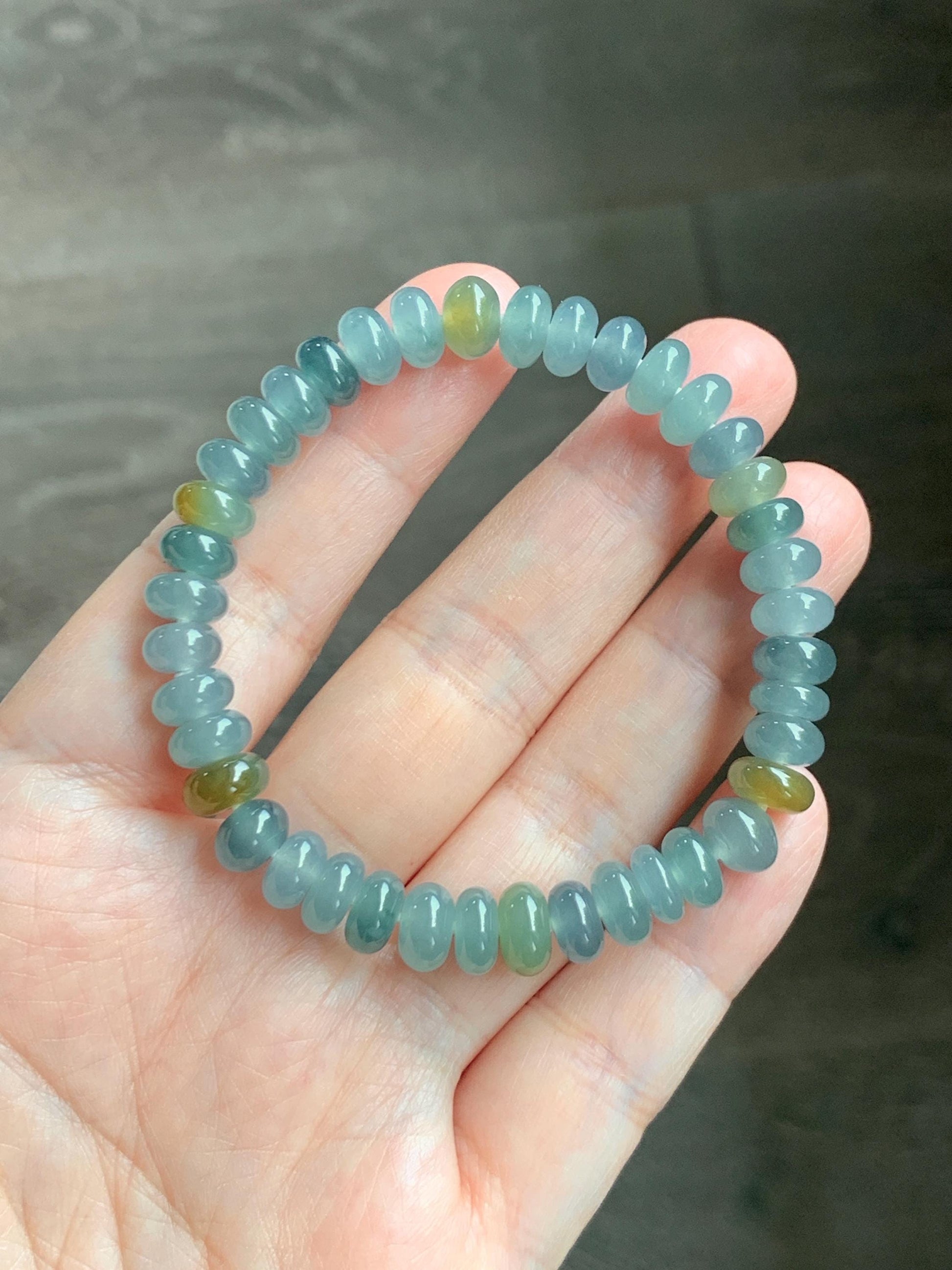 Natural Grade A Guatemalan Icy Highly Translucent Light Teal & Yellow Jade Jadeite Drum Beads Beaded Bracelet 6.5” 20g 天然冰胶危蓝加黄翡翠鼓珠手串WQD580B
