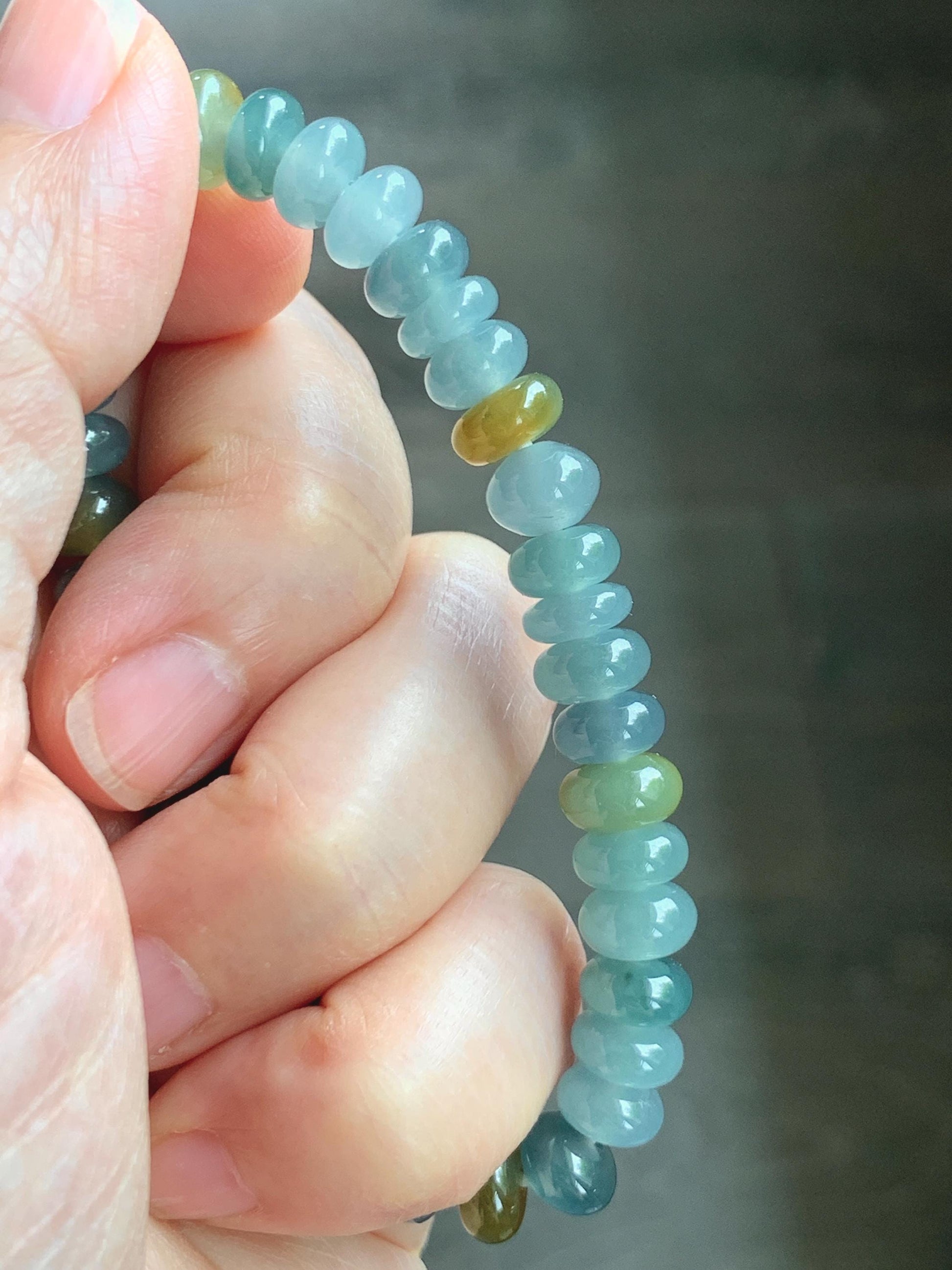 Natural Grade A Guatemalan Icy Highly Translucent Light Teal & Yellow Jade Jadeite Drum Beads Beaded Bracelet 6.5” 20g 天然冰胶危蓝加黄翡翠鼓珠手串WQD580B