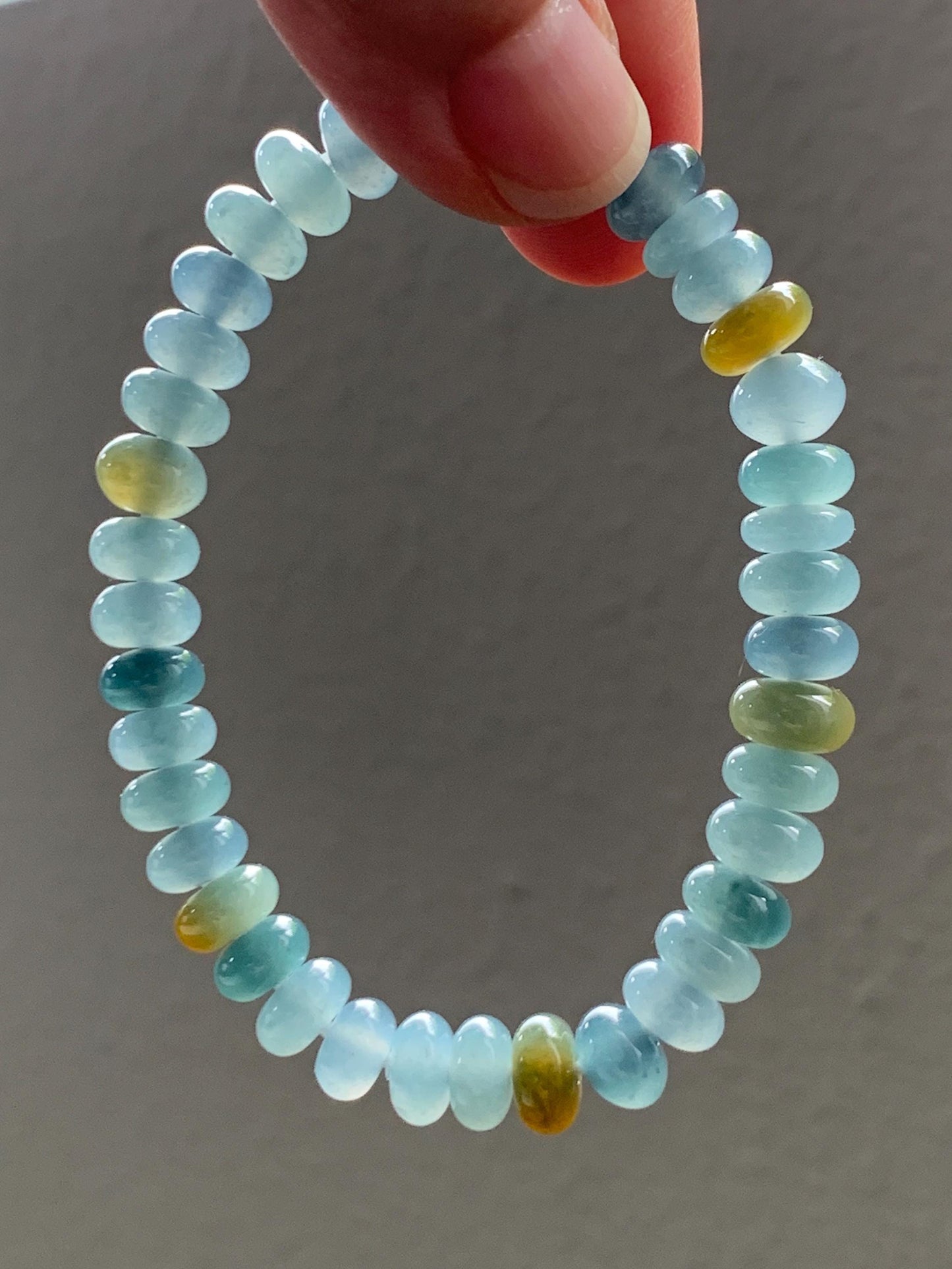 Natural Grade A Guatemalan Icy Highly Translucent Light Teal & Yellow Jade Jadeite Drum Beads Beaded Bracelet 6.5” 20g 天然冰胶危蓝加黄翡翠鼓珠手串WQD580B