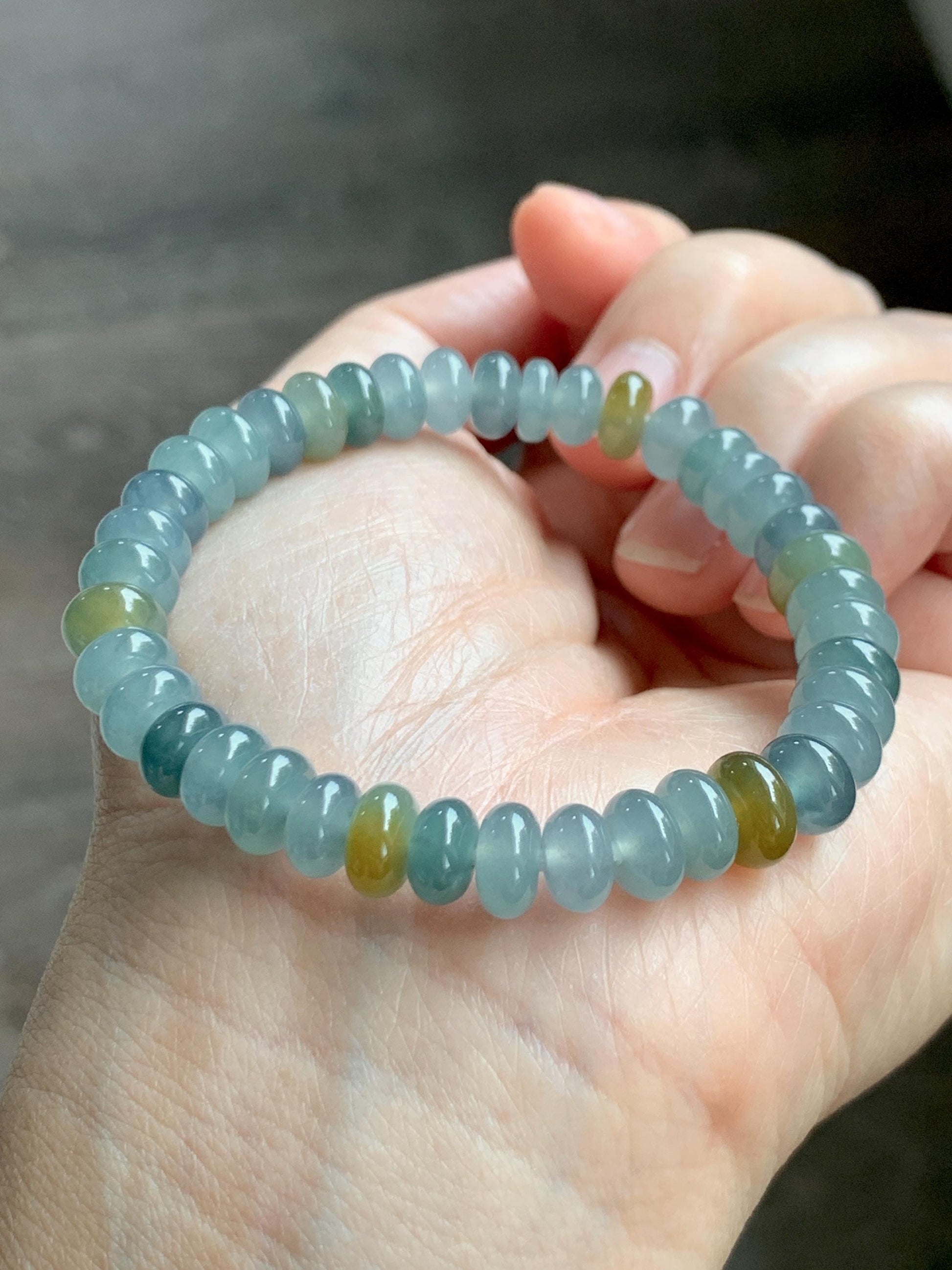 Natural Grade A Guatemalan Icy Highly Translucent Light Teal & Yellow Jade Jadeite Drum Beads Beaded Bracelet 6.5” 20g 天然冰胶危蓝加黄翡翠鼓珠手串WQD580B