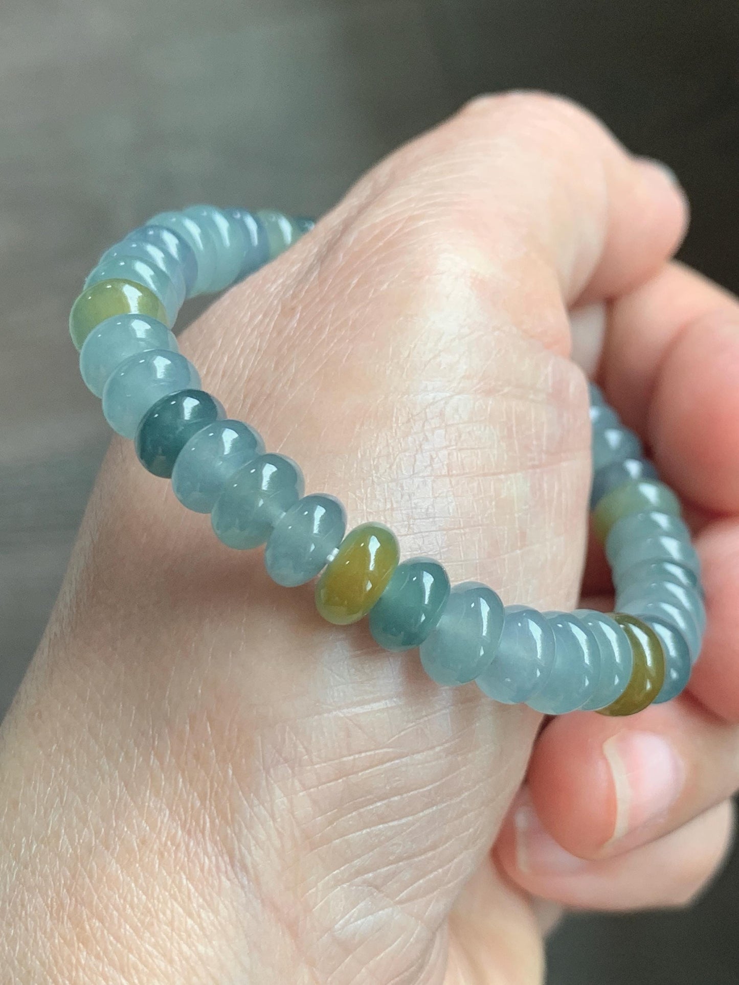 Natural Grade A Guatemalan Icy Highly Translucent Light Teal & Yellow Jade Jadeite Drum Beads Beaded Bracelet 6.5” 20g 天然冰胶危蓝加黄翡翠鼓珠手串WQD580B