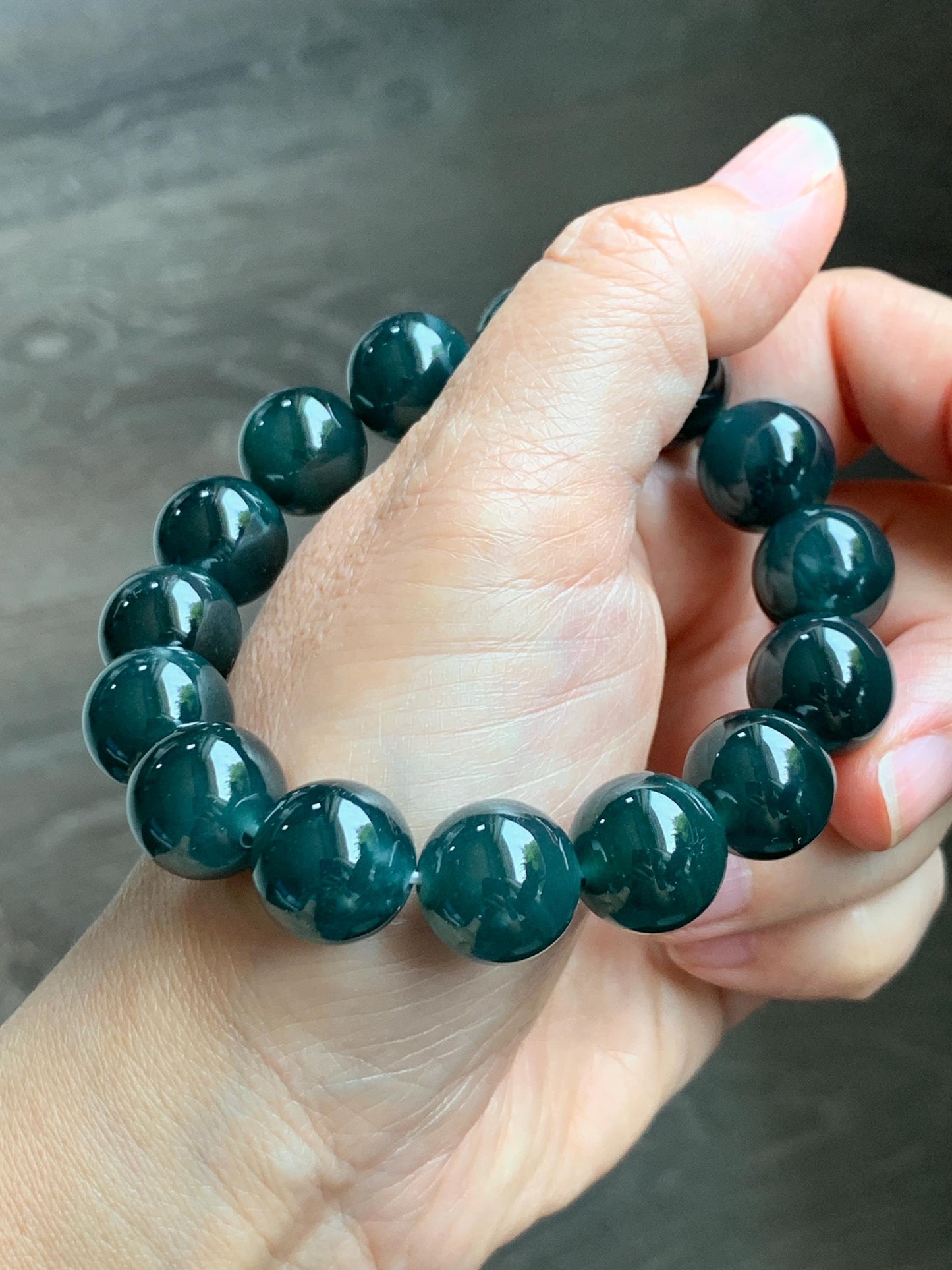 LARGE Natural Grade A Guatemalan Icy Translucent Dark Teal Green Jade Jadeite Beaded Bracelet 13.9mm 7.75” 69g 天然冰危深老蓝水翡翠大卡手串 WDS660B