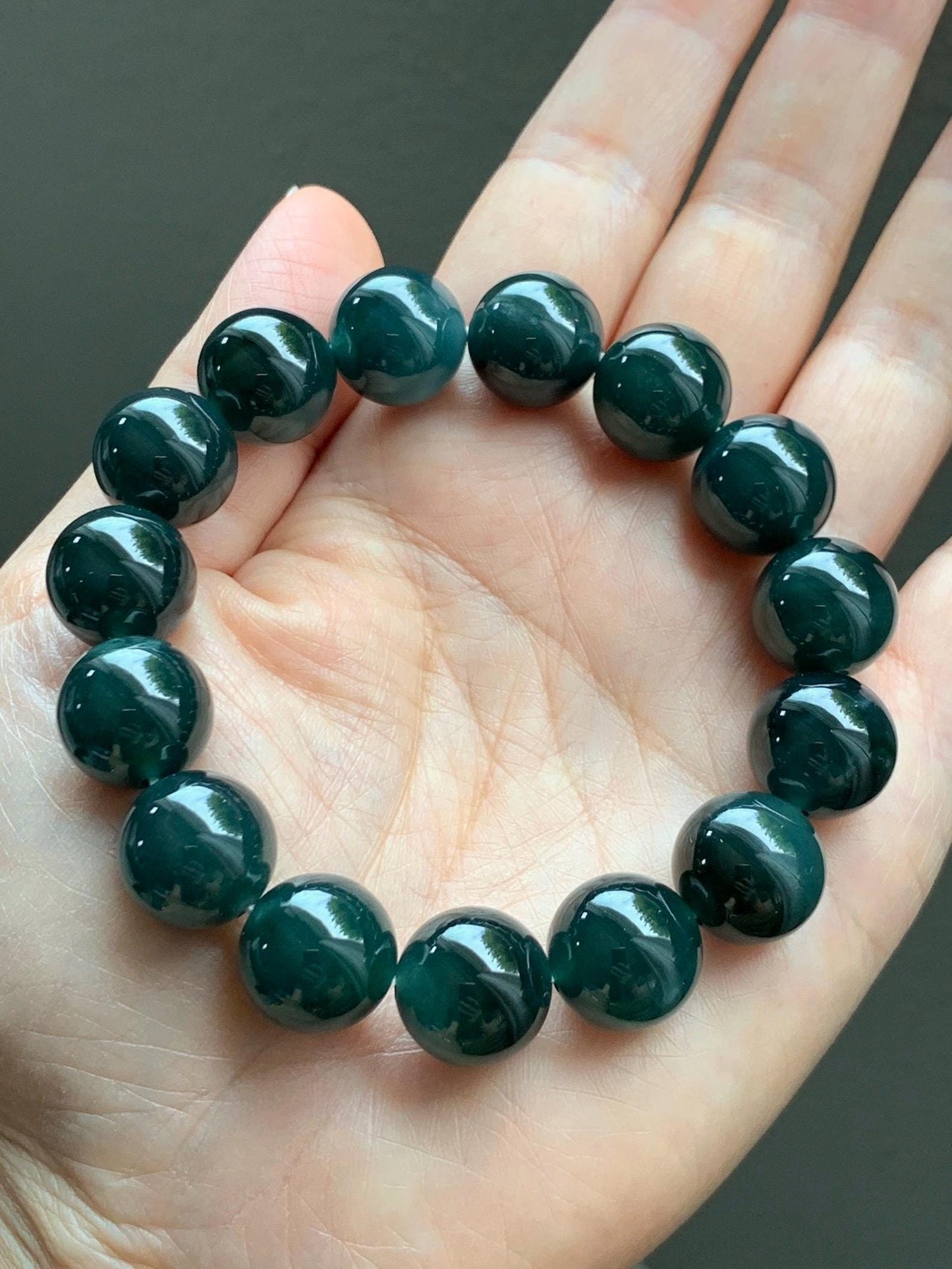 LARGE Natural Grade A Guatemalan Icy Translucent Dark Teal Green Jade Jadeite Beaded Bracelet 13.9mm 7.75” 69g 天然冰危深老蓝水翡翠大卡手串 WDS660B