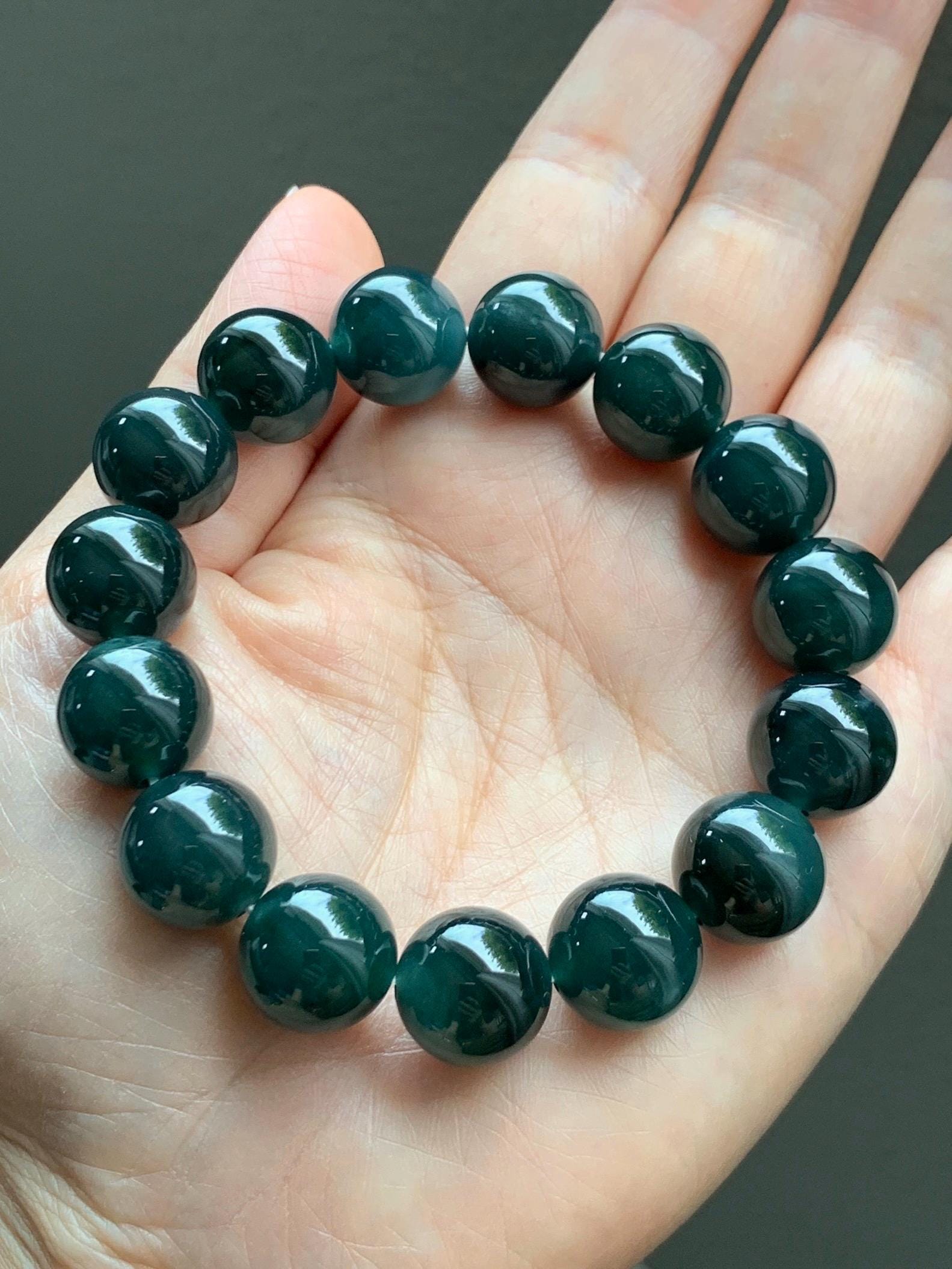 LARGE Natural Grade A Guatemalan Icy Translucent Dark Teal Green Jade Jadeite Beaded Bracelet 13.9mm 7.75” 69g 天然冰危深老蓝水翡翠大卡手串 WDS660B