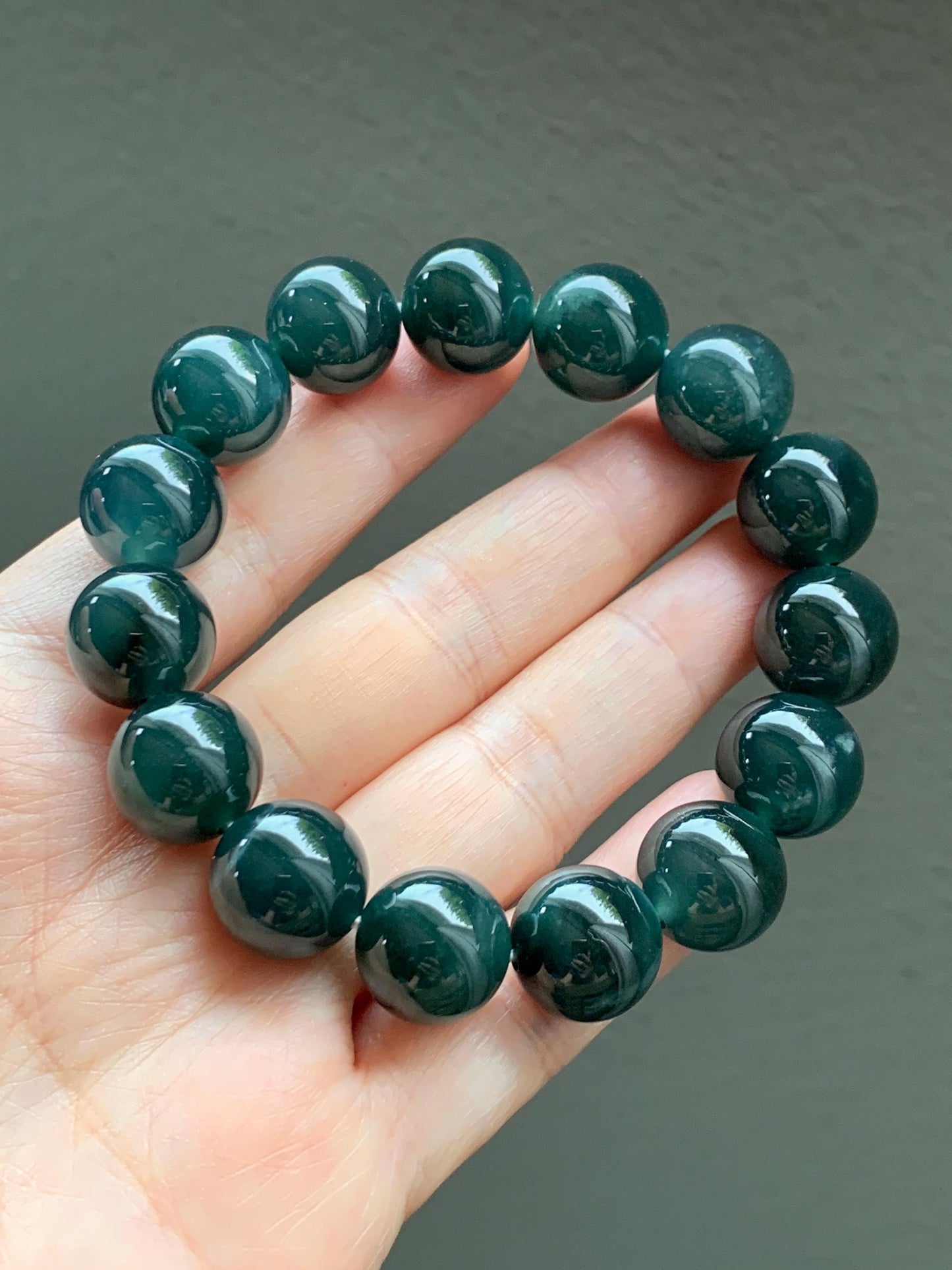 LARGE Natural Grade A Guatemalan Icy Translucent Dark Teal Green Jade Jadeite Beaded Bracelet 13.9mm 7.75” 69g 天然冰危深老蓝水翡翠大卡手串 WDS660B