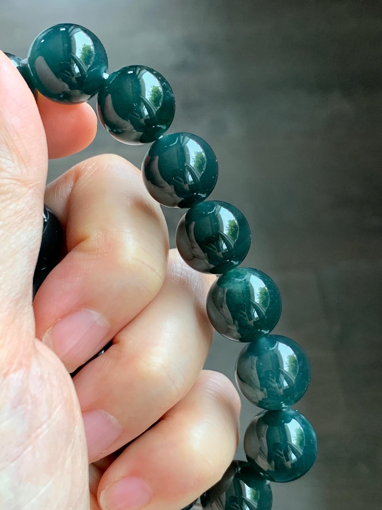 LARGE Natural Grade A Guatemalan Icy Translucent Dark Teal Green Jade Jadeite Beaded Bracelet 13.9mm 7.75” 69g 天然冰危深老蓝水翡翠大卡手串 WDS660B