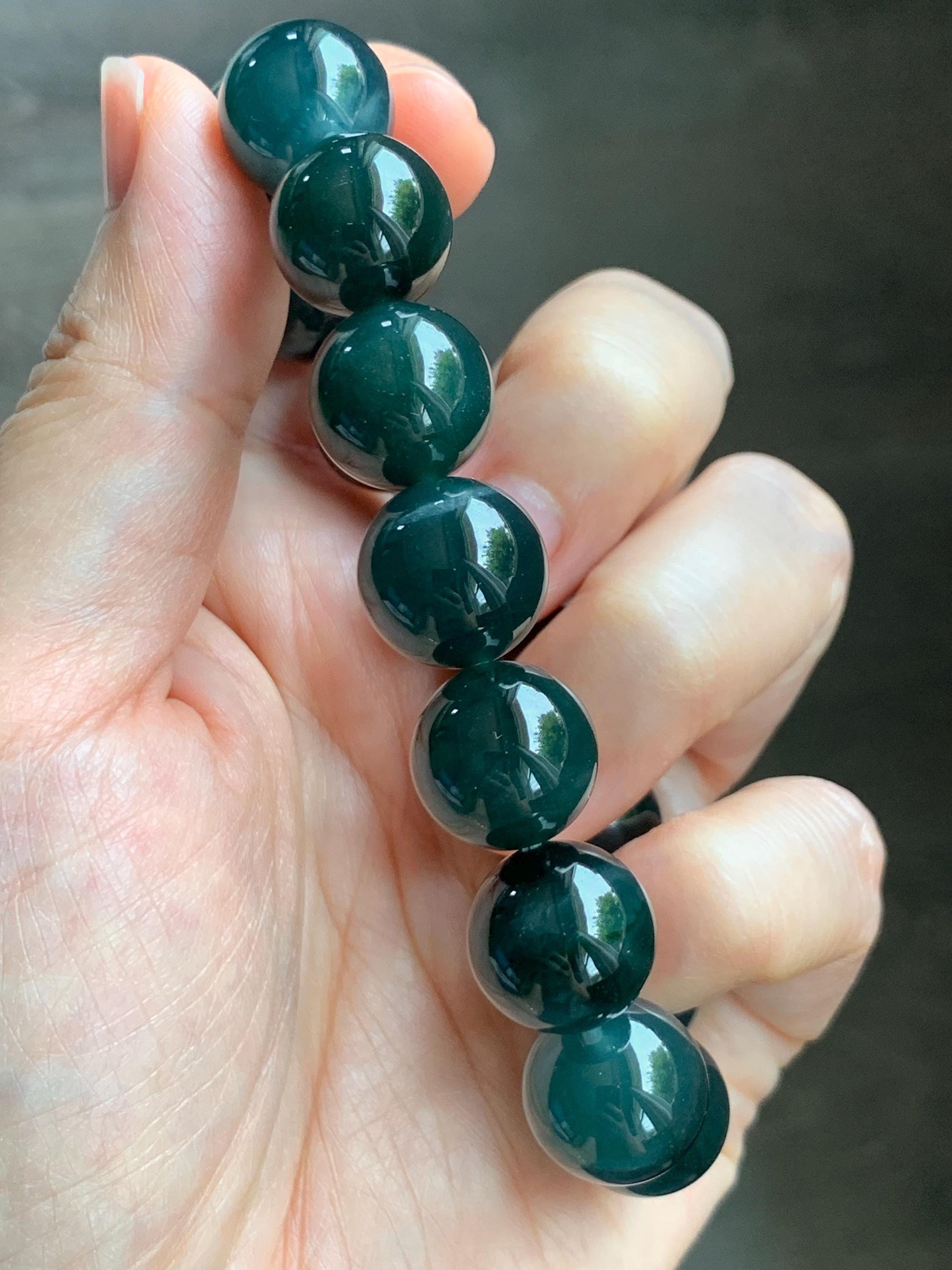 LARGE Natural Grade A Guatemalan Icy Translucent Dark Teal Green Jade Jadeite Beaded Bracelet 13.9mm 7.75” 69g 天然冰危深老蓝水翡翠大卡手串 WDS660B
