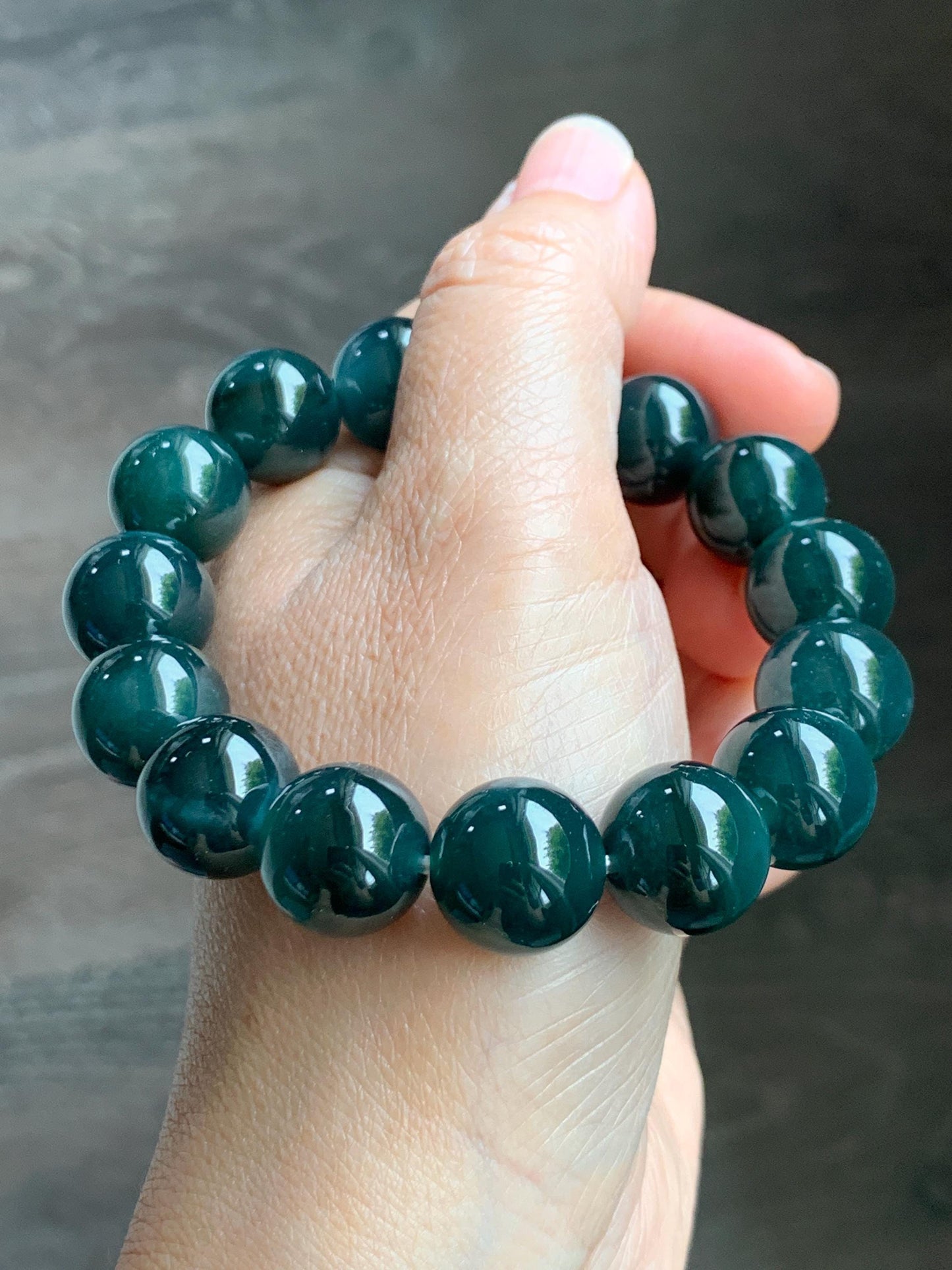 LARGE Natural Grade A Guatemalan Icy Translucent Dark Teal Green Jade Jadeite Beaded Bracelet 13.9mm 7.75” 69g 天然冰危深老蓝水翡翠大卡手串 WDS660B