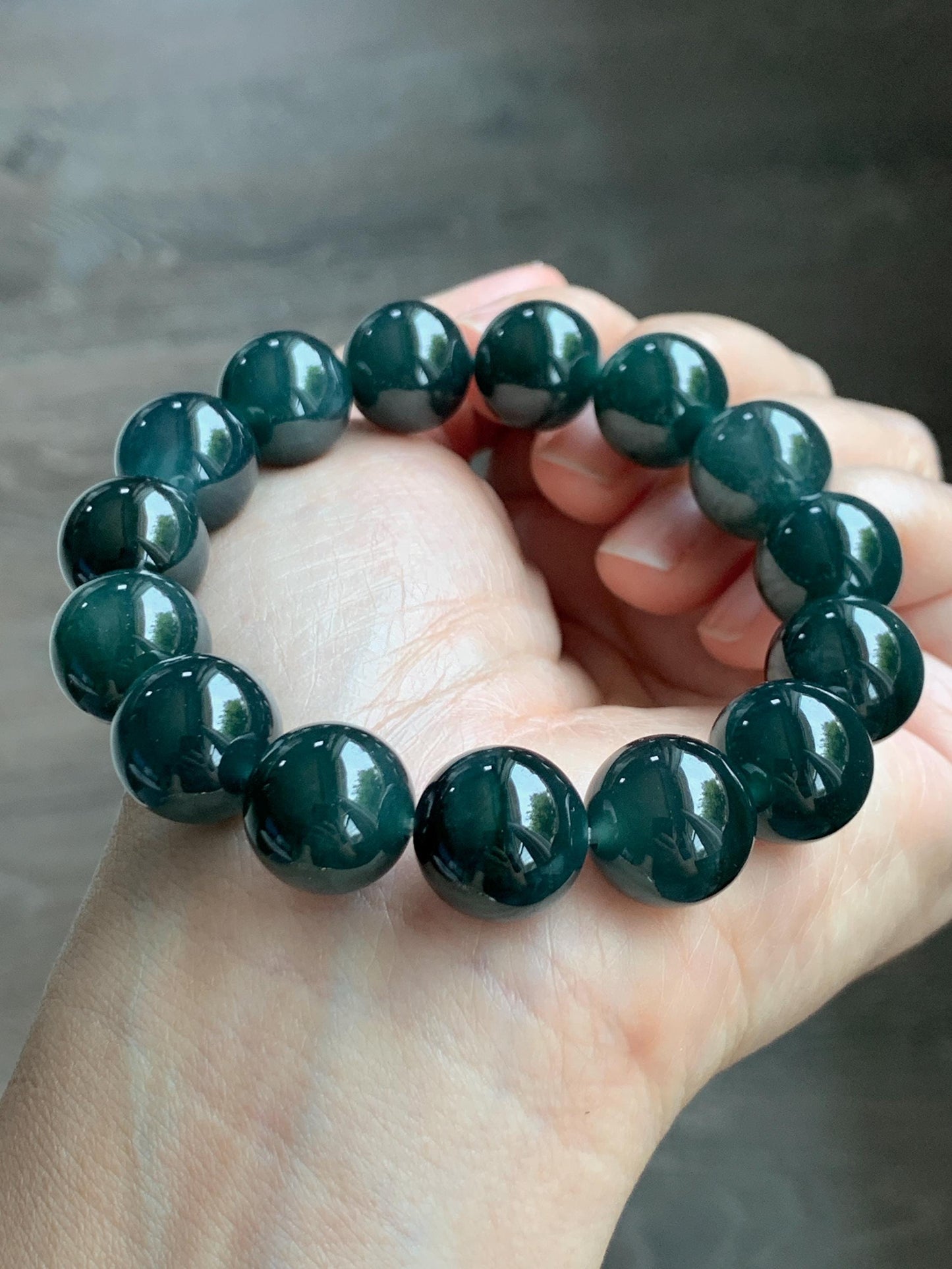 LARGE Natural Grade A Guatemalan Icy Translucent Dark Teal Green Jade Jadeite Beaded Bracelet 13.9mm 7.75” 69g 天然冰危深老蓝水翡翠大卡手串 WDS660B