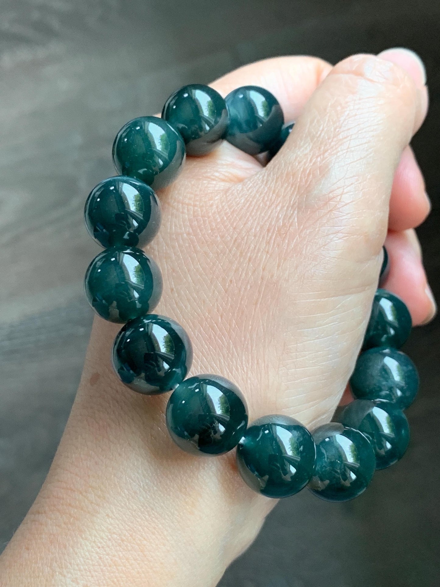 LARGE Natural Grade A Guatemalan Icy Translucent Dark Teal Green Jade Jadeite Beaded Bracelet 13.9mm 7.75” 69g 天然冰危深老蓝水翡翠大卡手串 WDS660B