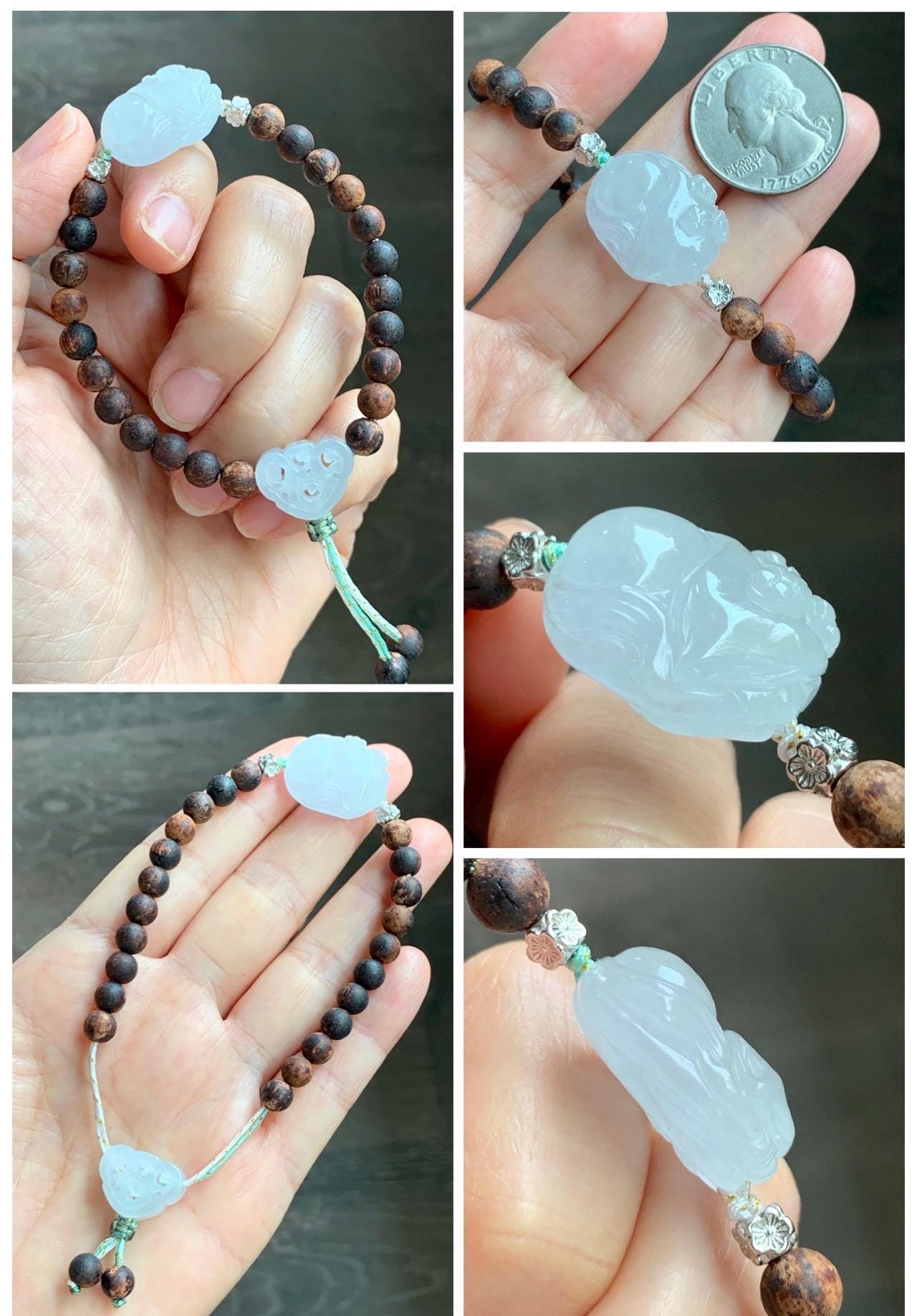 Natural Grade A Icy Translucent White Jade Jadeite Nine-tailed Fox Ruyi Charm Wood Beads Beaded Bracelet 7” 13g 天然白冰胶翡翠九尾狐如意珠木珠手串 MBH311