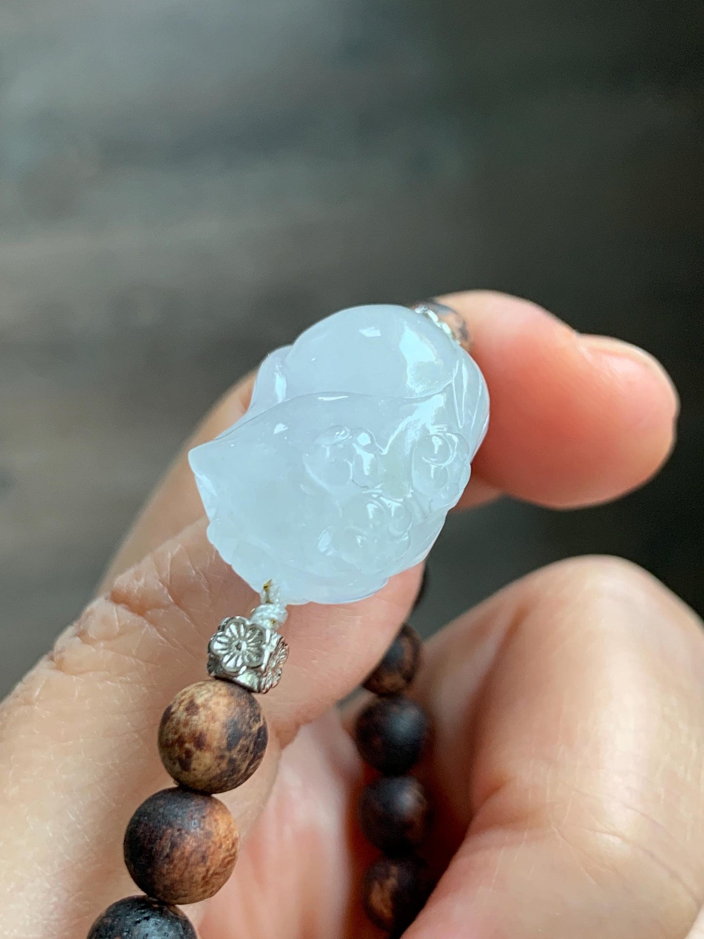 Natural Grade A Icy Translucent White Jade Jadeite Nine-tailed Fox Ruyi Charm Wood Beads Beaded Bracelet 7” 13g 天然白冰胶翡翠九尾狐如意珠木珠手串 MBH311
