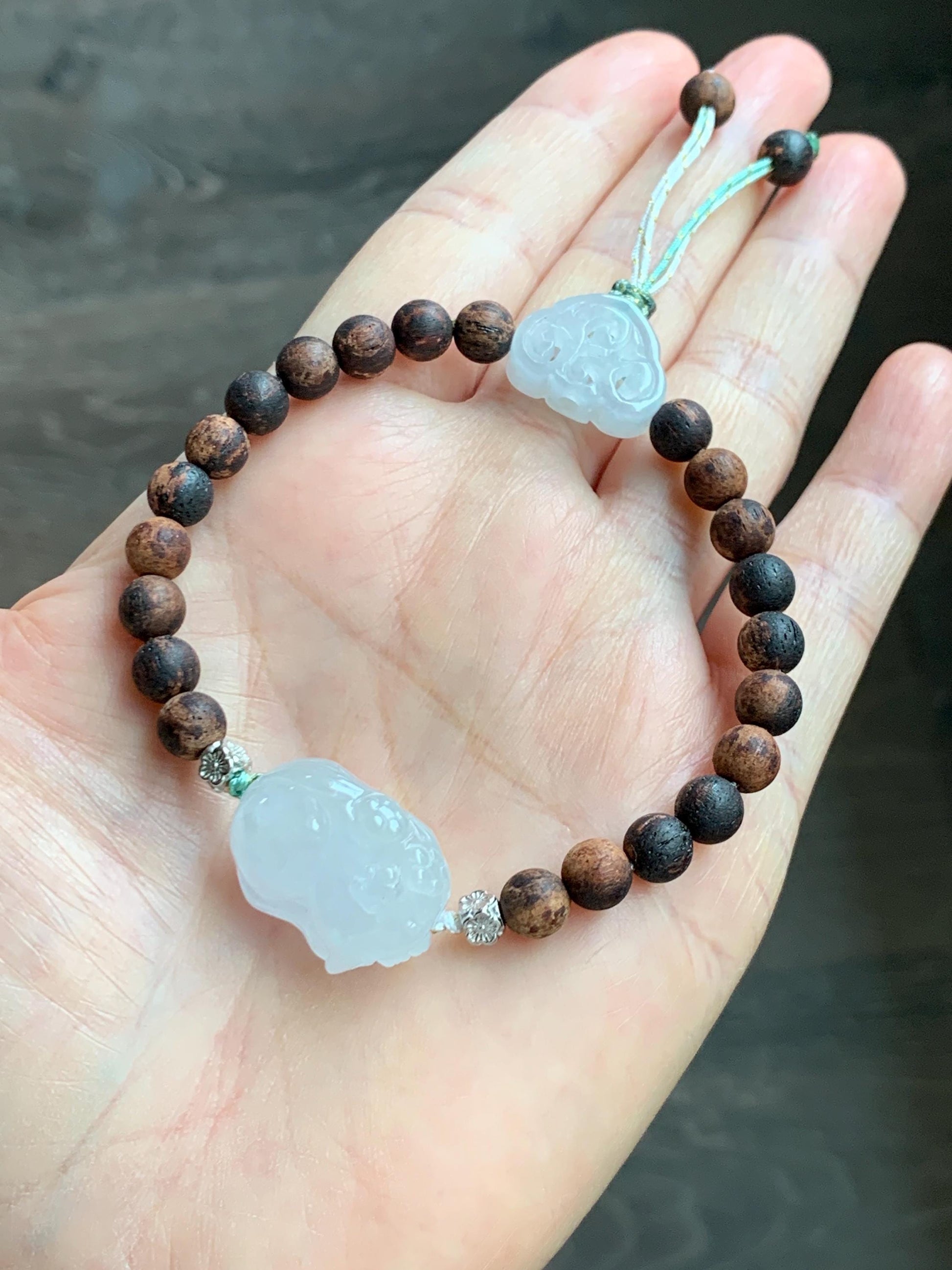 Natural Grade A Icy Translucent White Jade Jadeite Nine-tailed Fox Ruyi Charm Wood Beads Beaded Bracelet 7” 13g 天然白冰胶翡翠九尾狐如意珠木珠手串 MBH311