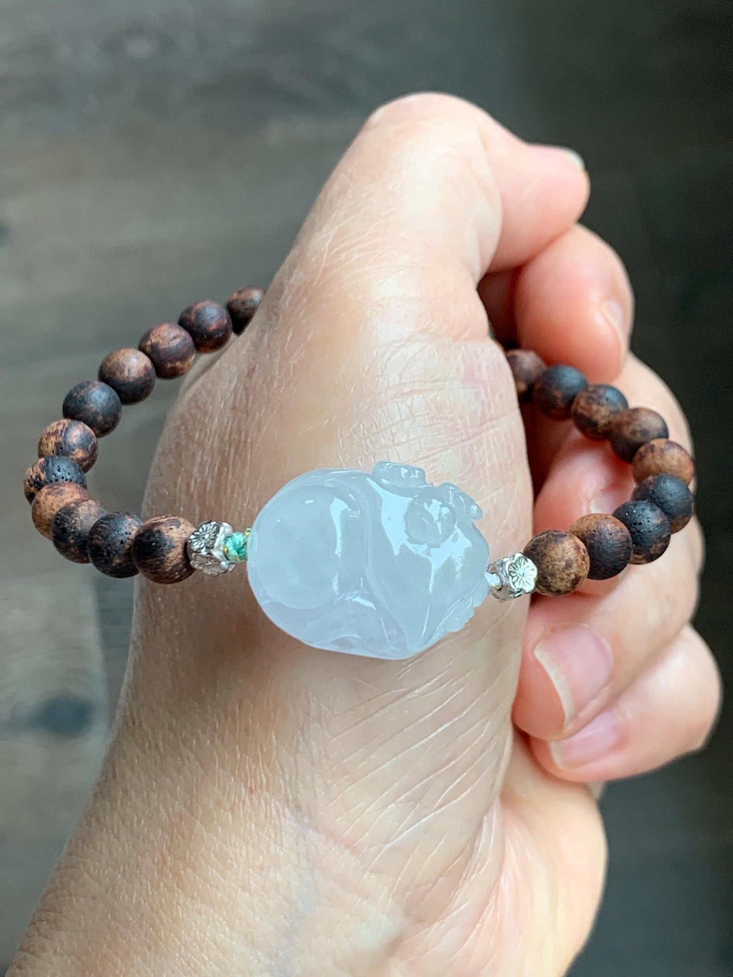 Natural Grade A Icy Translucent White Jade Jadeite Nine-tailed Fox Ruyi Charm Wood Beads Beaded Bracelet 7” 13g 天然白冰胶翡翠九尾狐如意珠木珠手串 MBH311