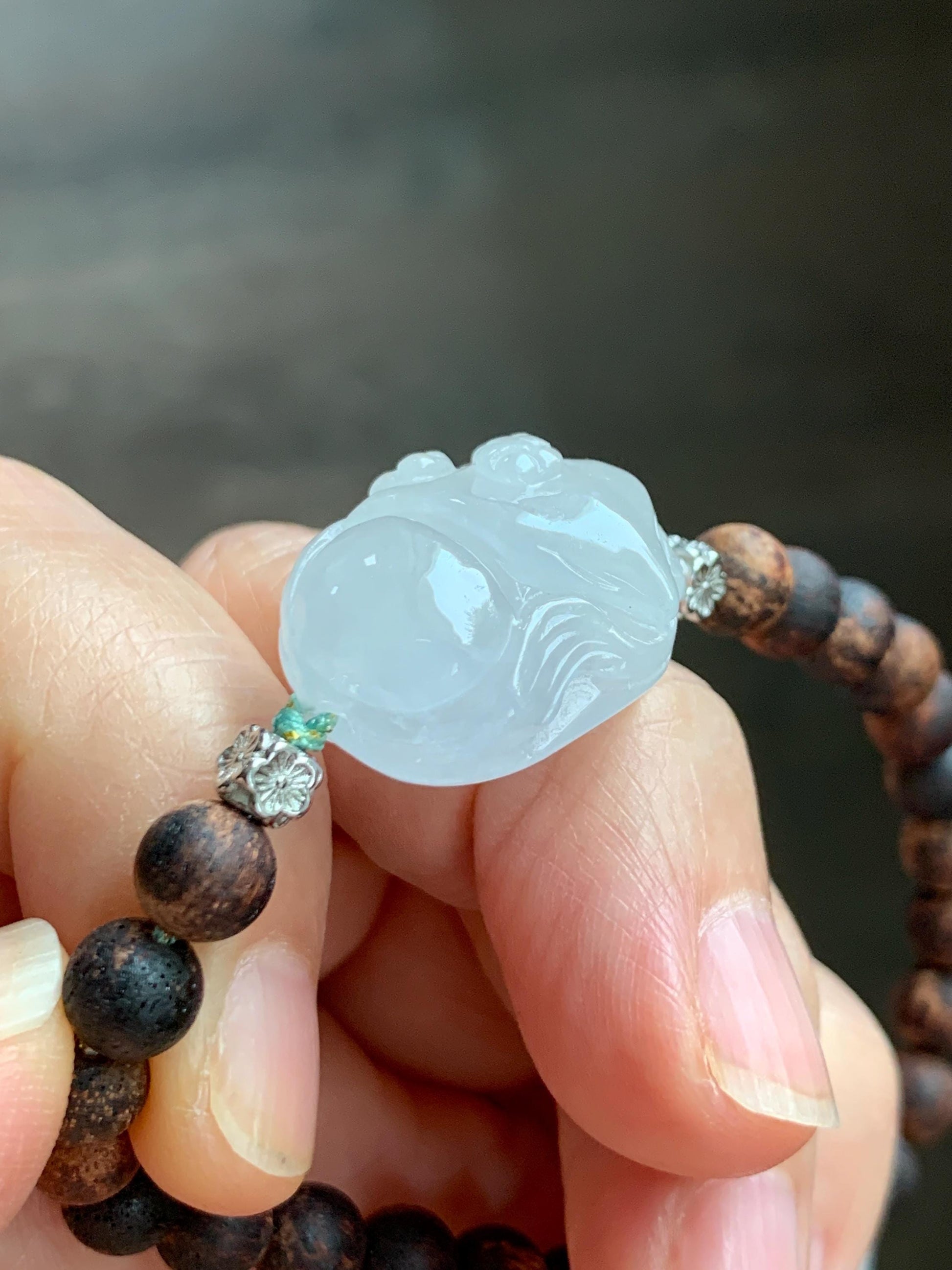 Natural Grade A Icy Translucent White Jade Jadeite Nine-tailed Fox Ruyi Charm Wood Beads Beaded Bracelet 7” 13g 天然白冰胶翡翠九尾狐如意珠木珠手串 MBH311