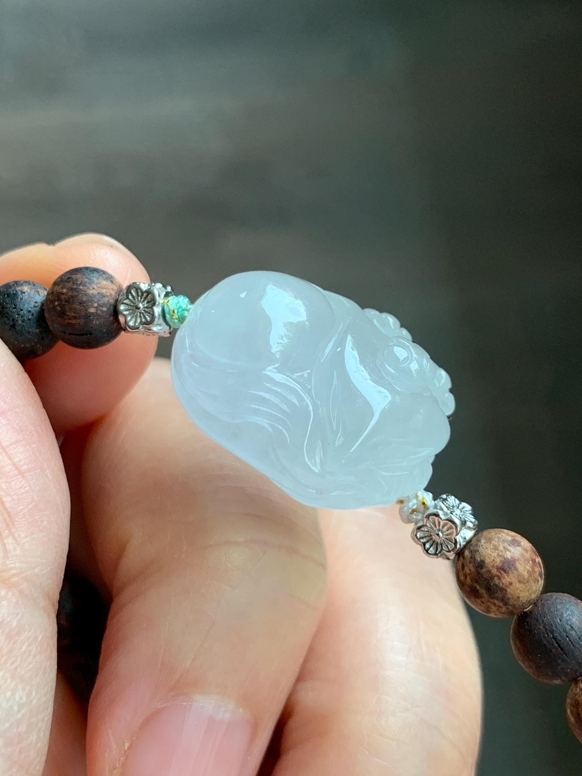 Natural Grade A Icy Translucent White Jade Jadeite Nine-tailed Fox Ruyi Charm Wood Beads Beaded Bracelet 7” 13g 天然白冰胶翡翠九尾狐如意珠木珠手串 MBH311