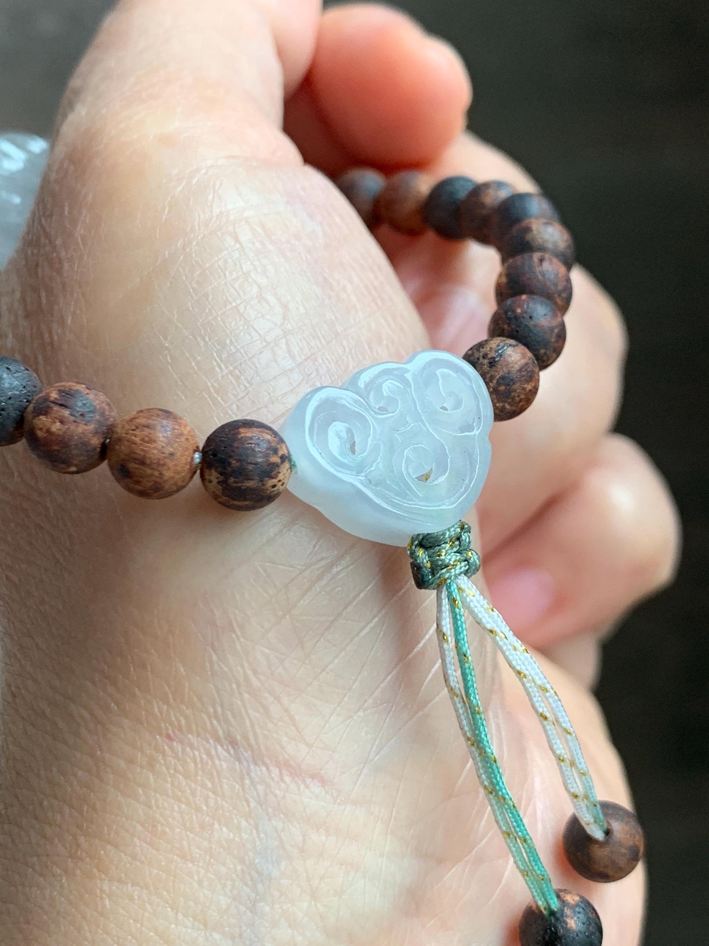 Natural Grade A Icy Translucent White Jade Jadeite Nine-tailed Fox Ruyi Charm Wood Beads Beaded Bracelet 7” 13g 天然白冰胶翡翠九尾狐如意珠木珠手串 MBH311