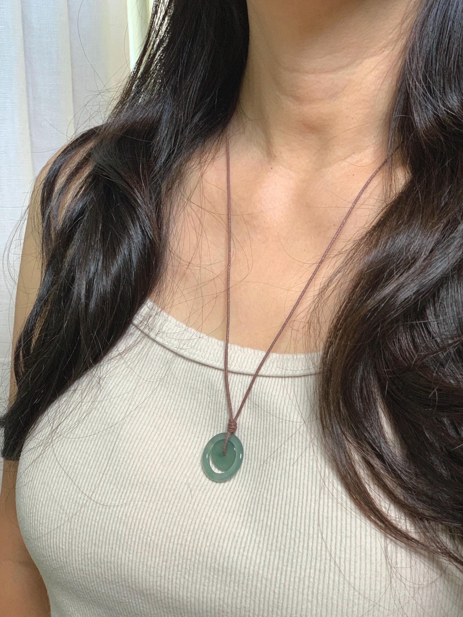 Natural Grade A Guatemalan Icy Translucent Light Teal Green Jade Jadeite Mother and Child Ping An Kou Donut Pendant 24” 天然冰危蓝绿翡翠子母扣吊坠WZM330B