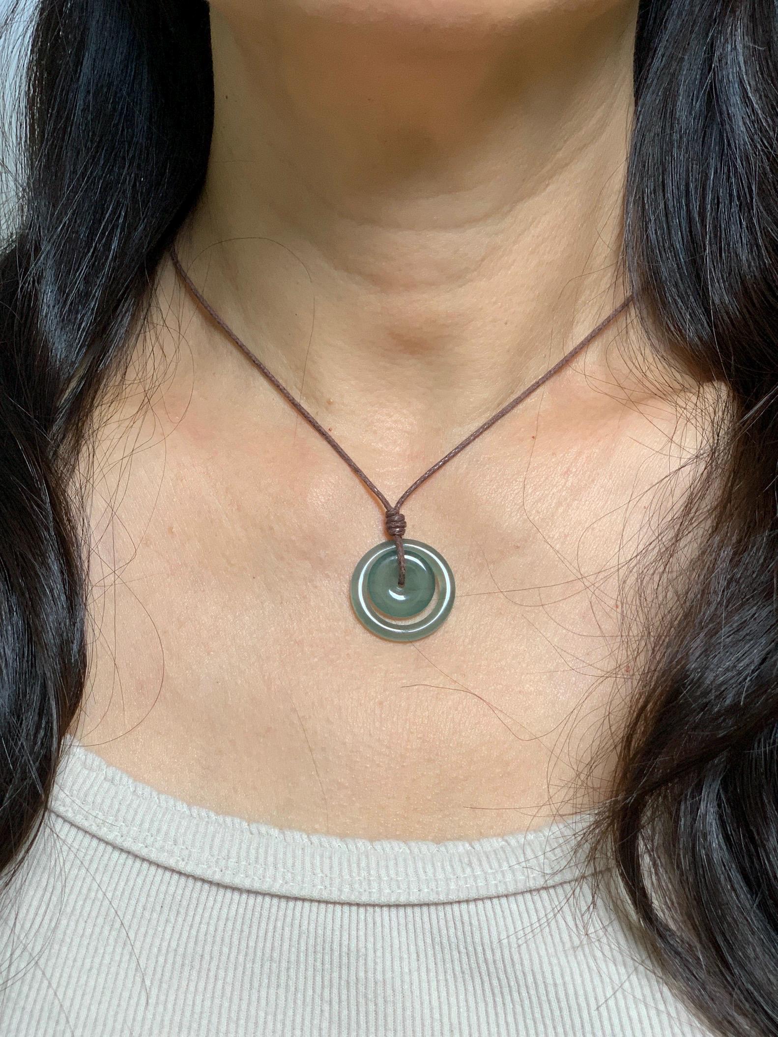 Natural Grade A Guatemalan Icy Translucent Light Teal Green Jade Jadeite Mother and Child Ping An Kou Donut Pendant 24” 天然冰危蓝绿翡翠子母扣吊坠WZM330B
