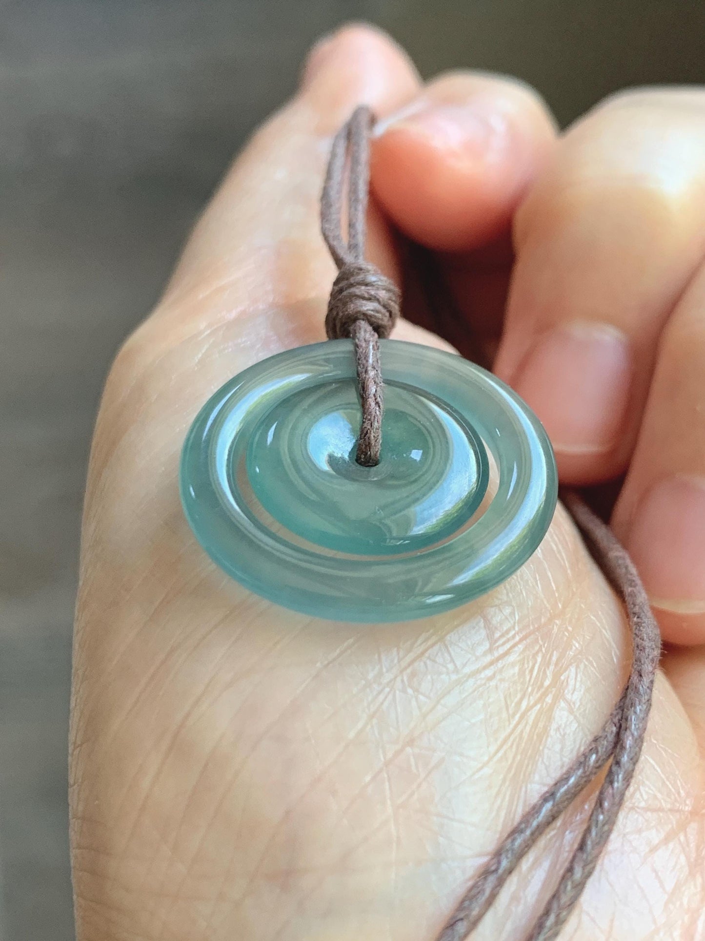 Natural Grade A Guatemalan Icy Translucent Light Teal Green Jade Jadeite Mother and Child Ping An Kou Donut Pendant 24” 天然冰危蓝绿翡翠子母扣吊坠WZM330B