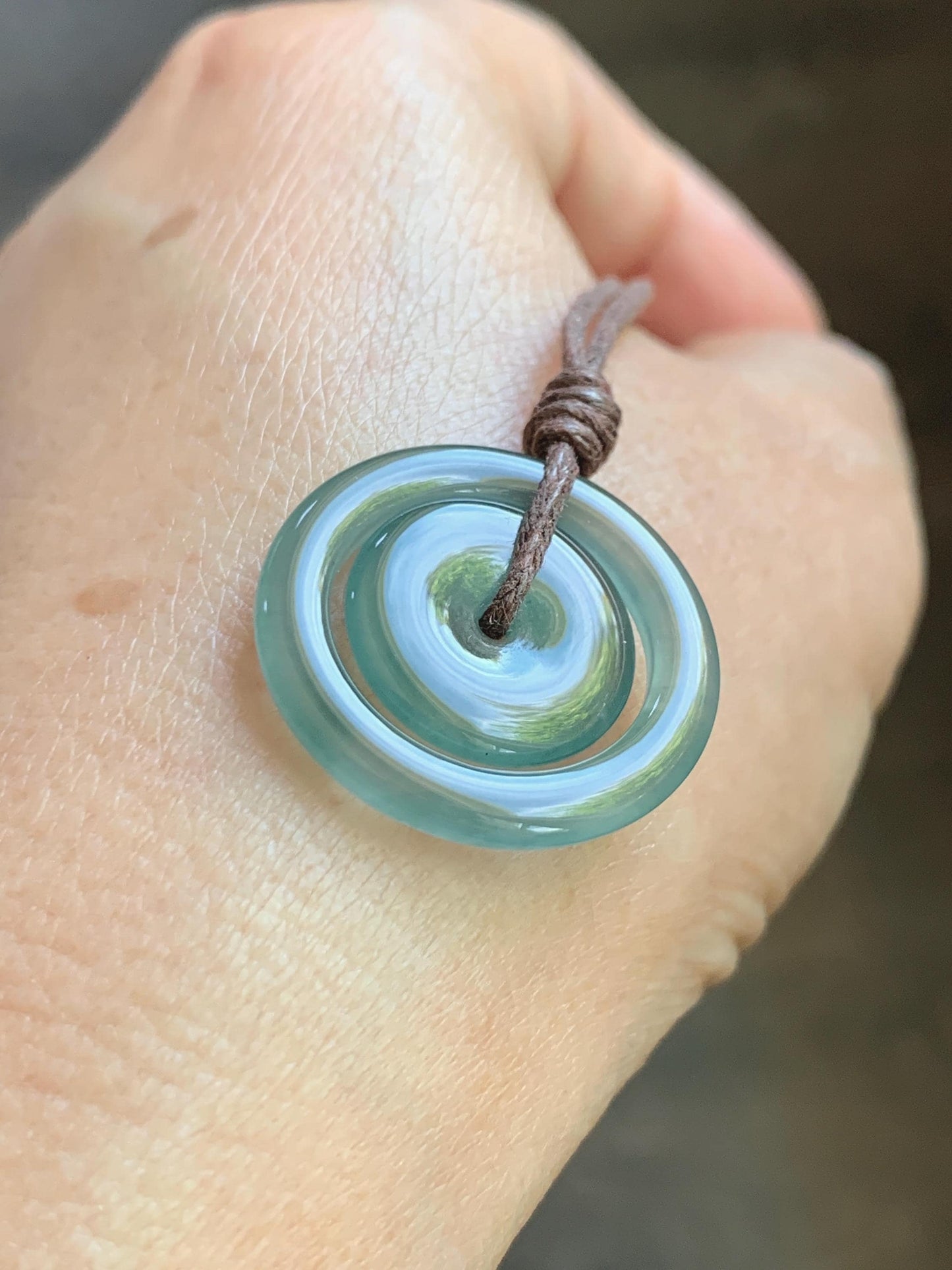 Natural Grade A Guatemalan Icy Translucent Light Teal Green Jade Jadeite Mother and Child Ping An Kou Donut Pendant 24” 天然冰危蓝绿翡翠子母扣吊坠WZM330B