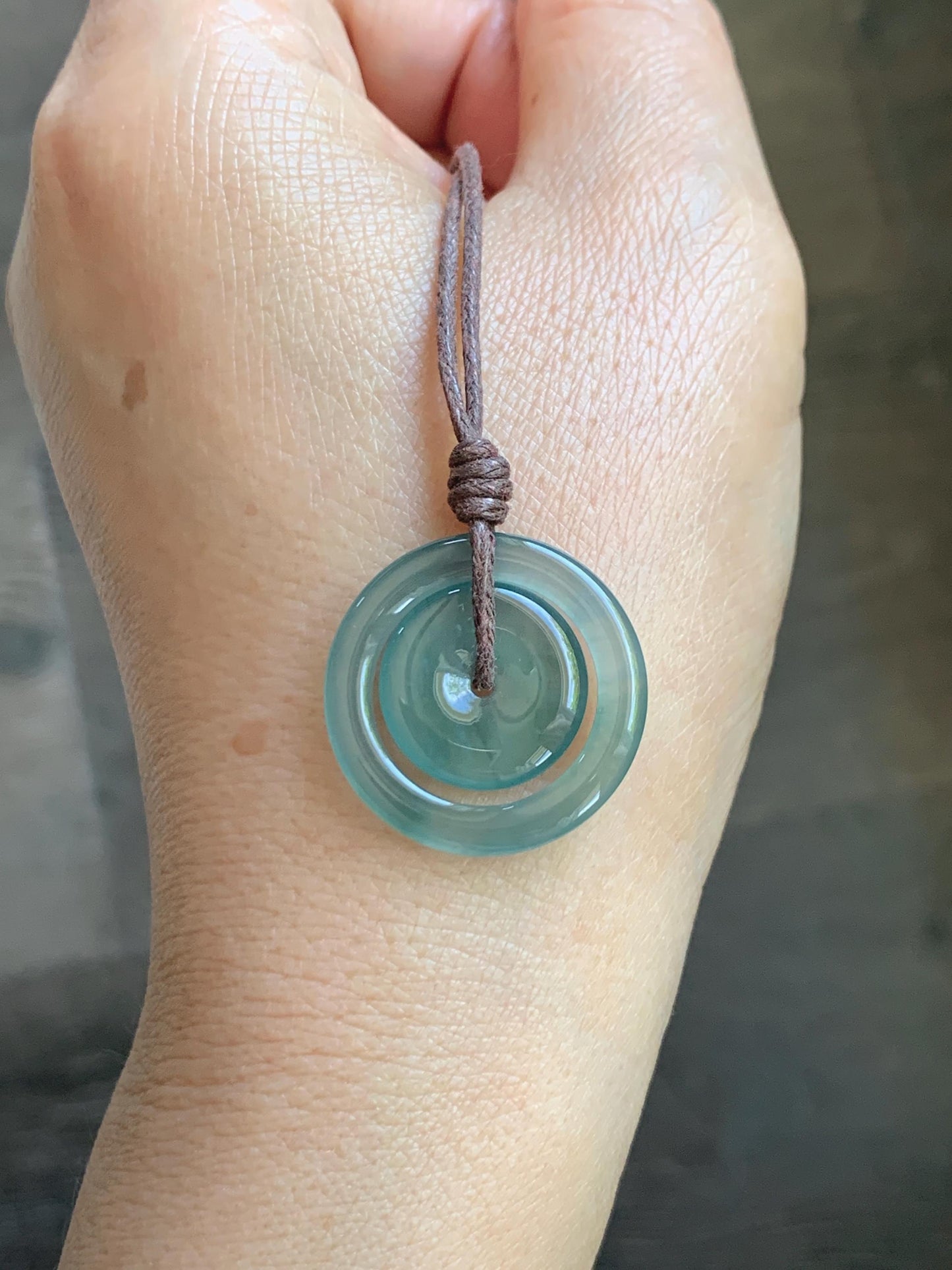 Natural Grade A Guatemalan Icy Translucent Light Teal Green Jade Jadeite Mother and Child Ping An Kou Donut Pendant 24” 天然冰危蓝绿翡翠子母扣吊坠WZM330B