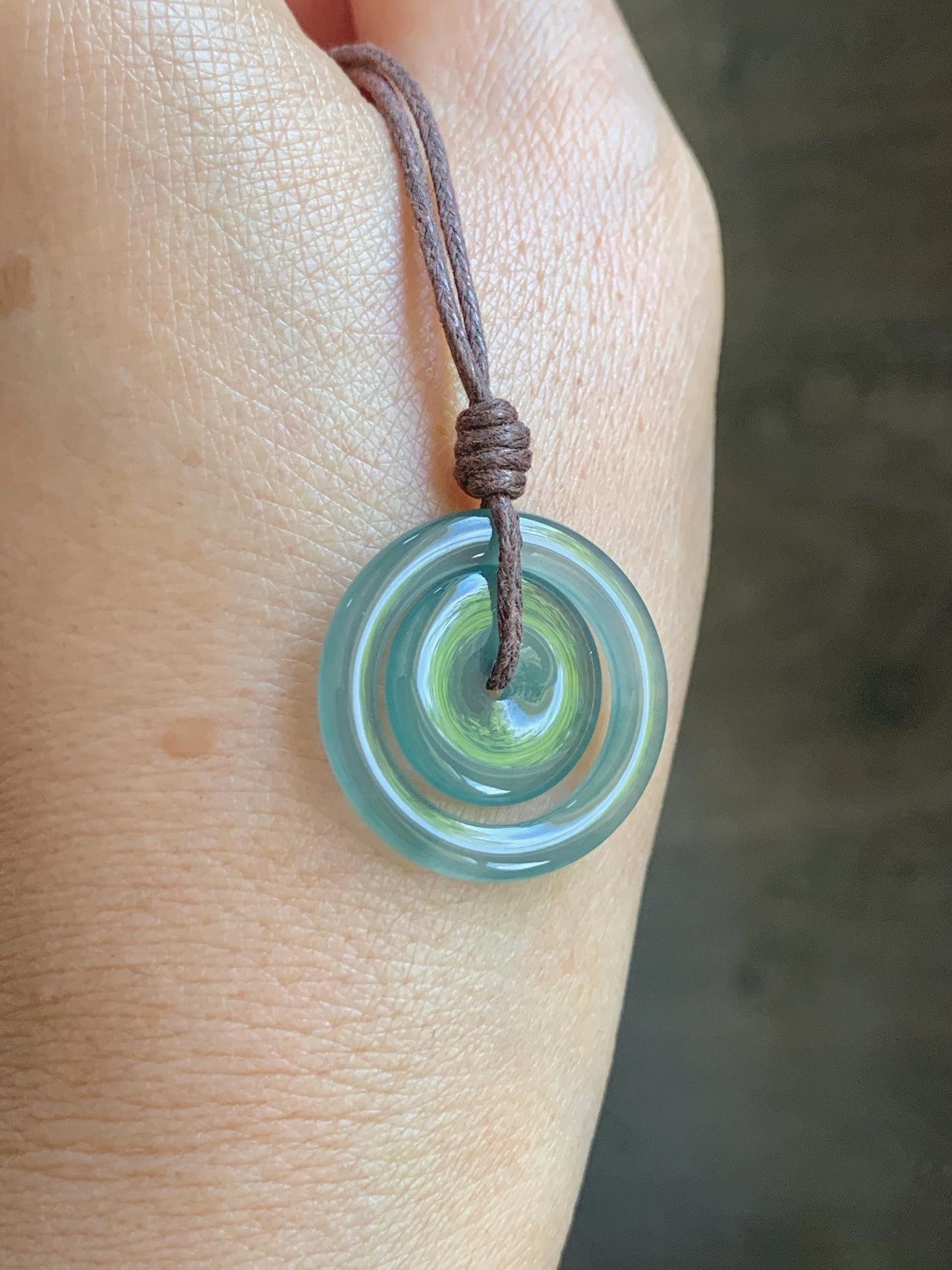Natural Grade A Guatemalan Icy Translucent Light Teal Green Jade Jadeite Mother and Child Ping An Kou Donut Pendant 24” 天然冰危蓝绿翡翠子母扣吊坠WZM330B