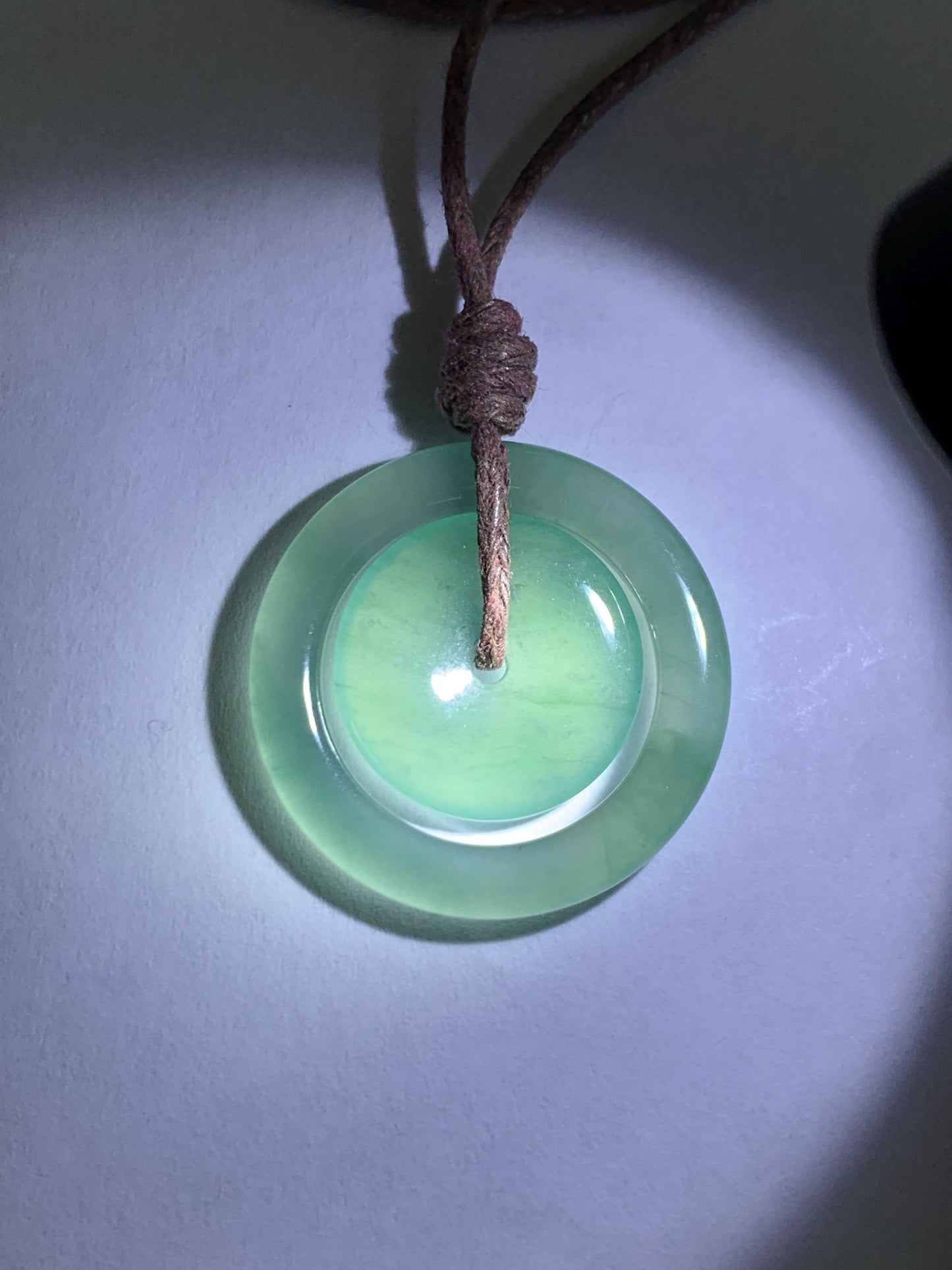 Natural Grade A Guatemalan Icy Translucent Light Teal Green Jade Jadeite Mother and Child Ping An Kou Donut Pendant 24” 天然冰危蓝绿翡翠子母扣吊坠WZM330B