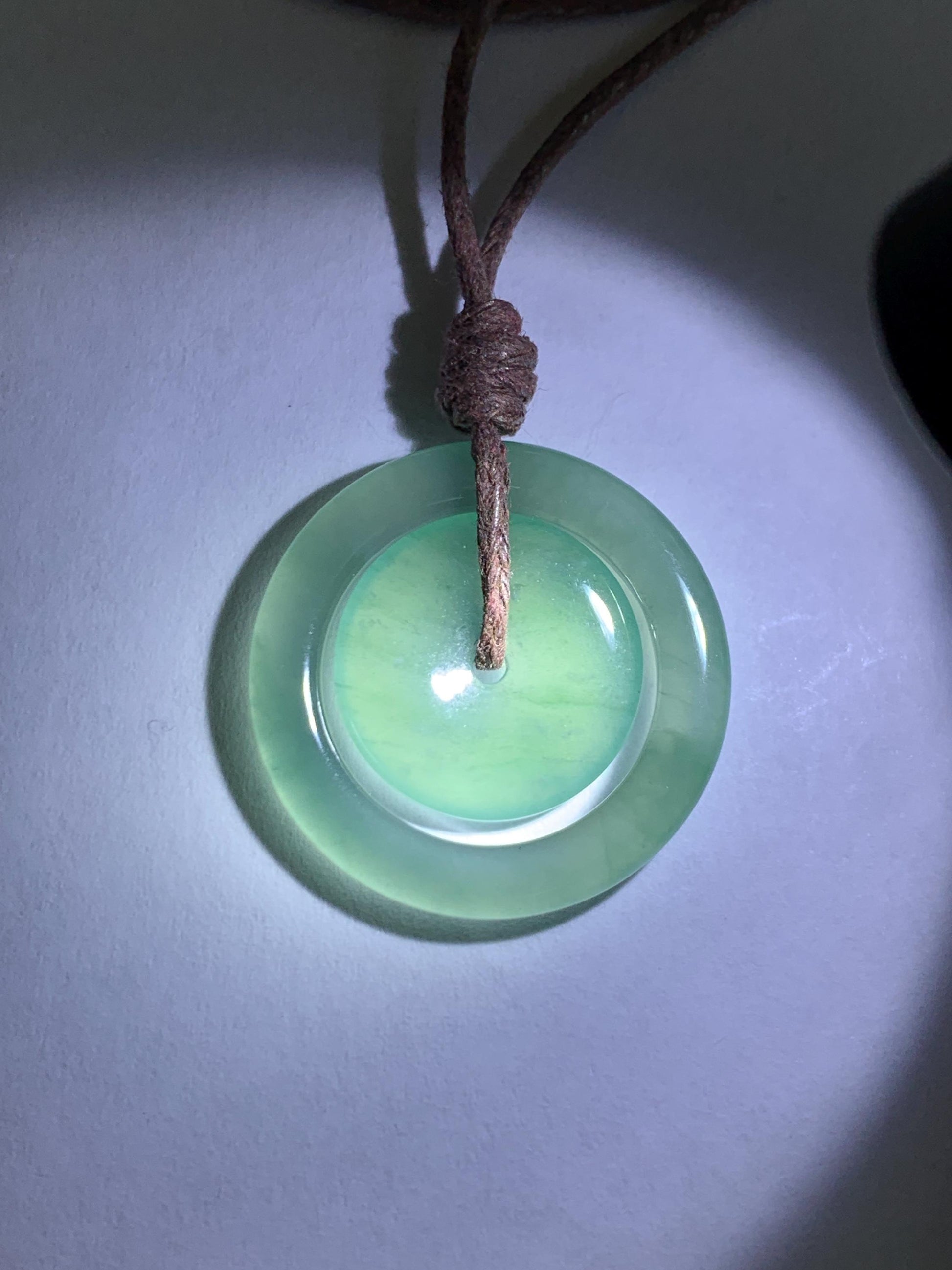 Natural Grade A Guatemalan Icy Translucent Light Teal Green Jade Jadeite Mother and Child Ping An Kou Donut Pendant 24” 天然冰危蓝绿翡翠子母扣吊坠WZM330B