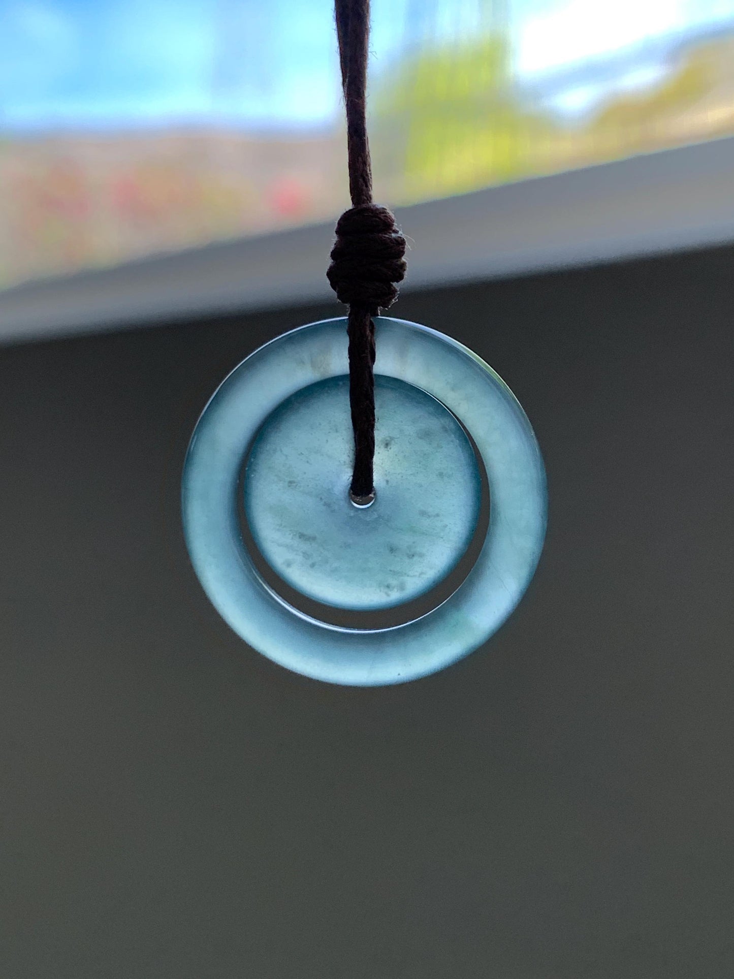 Natural Grade A Guatemalan Icy Translucent Light Teal Green Jade Jadeite Mother and Child Ping An Kou Donut Pendant 24” 天然冰危蓝绿翡翠子母扣吊坠WZM330B