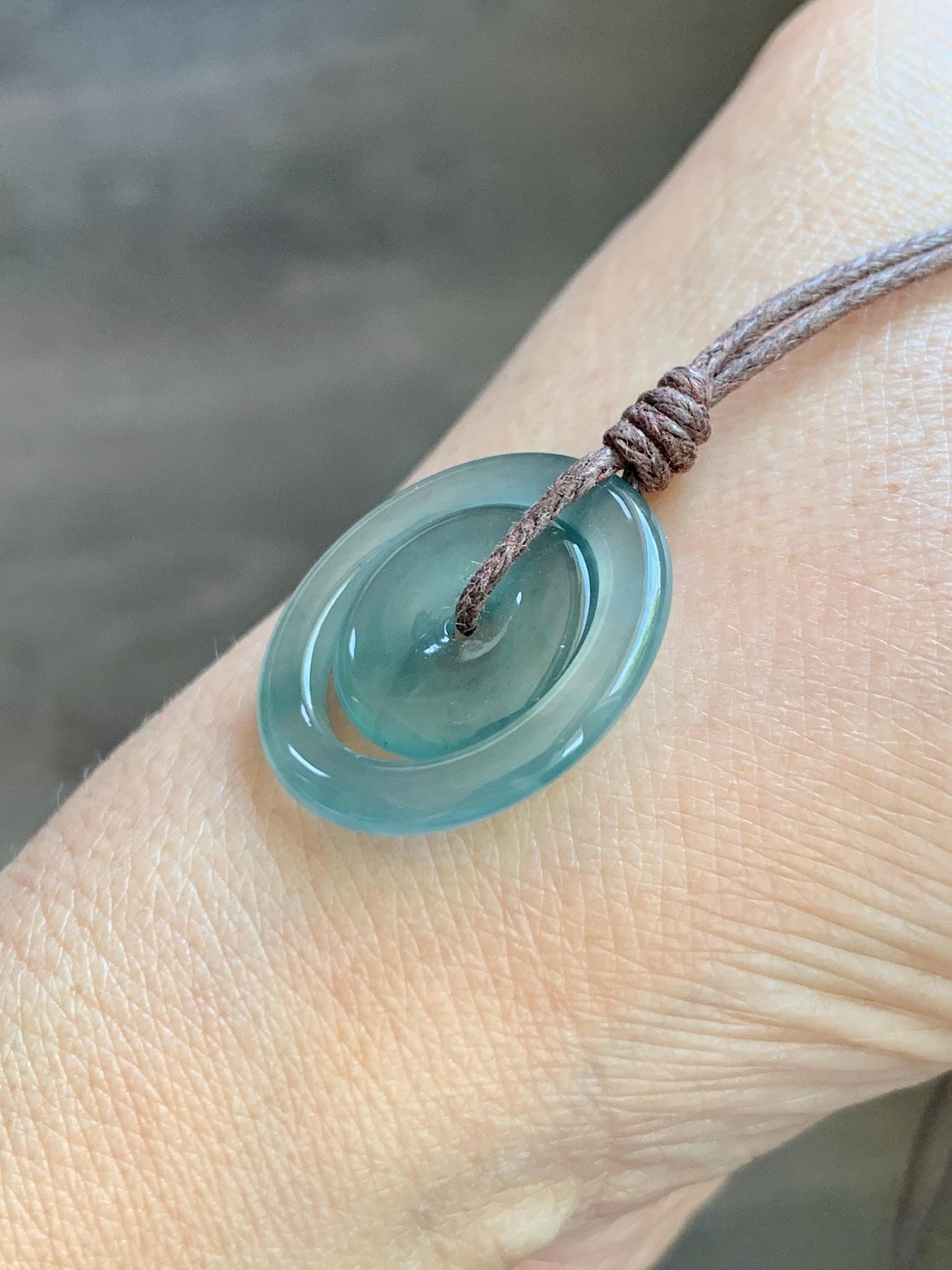 Natural Grade A Guatemalan Icy Translucent Light Teal Green Jade Jadeite Mother and Child Ping An Kou Donut Pendant 24” 天然冰危蓝绿翡翠子母扣吊坠WZM330B
