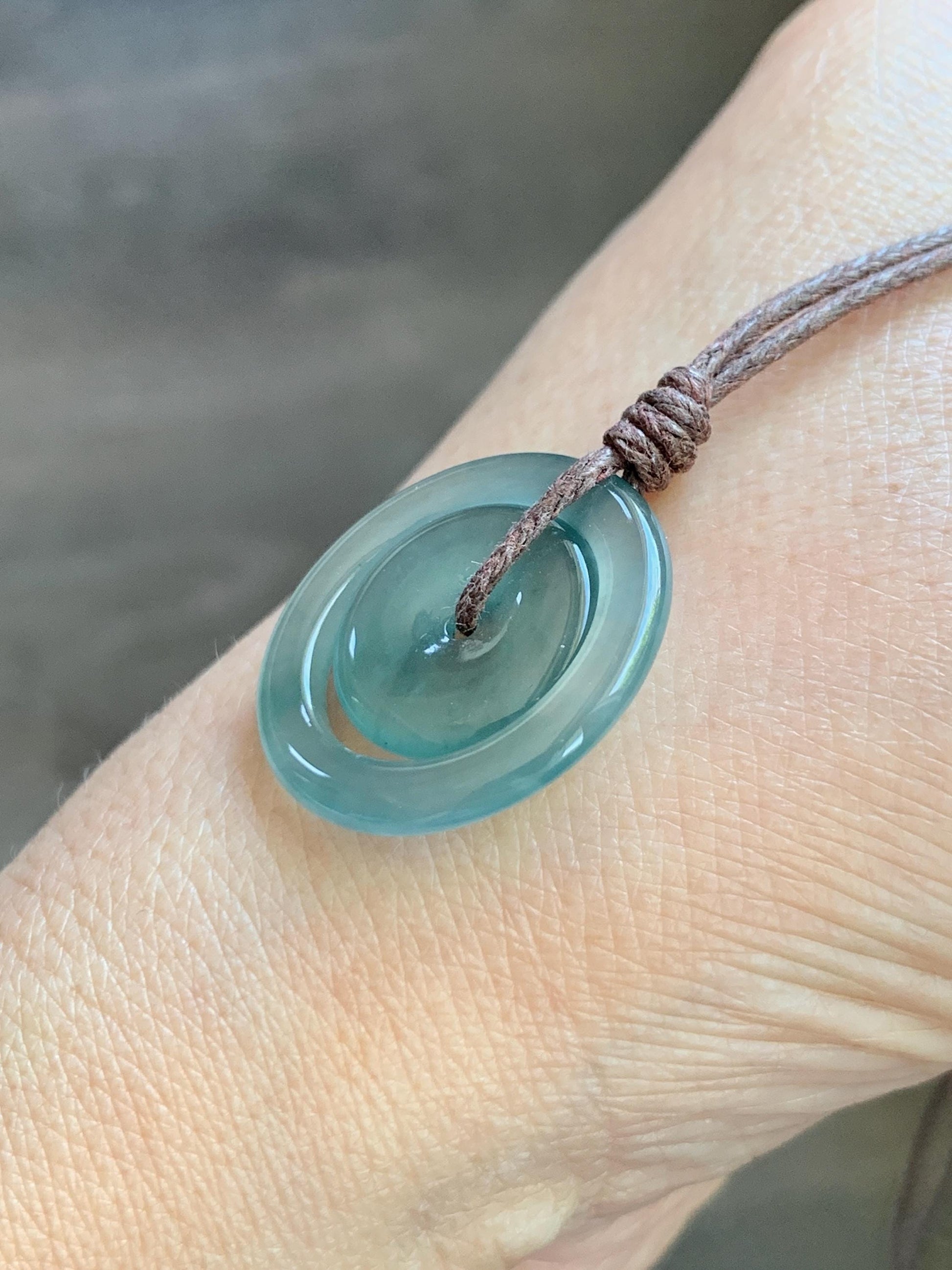 Natural Grade A Guatemalan Icy Translucent Light Teal Green Jade Jadeite Mother and Child Ping An Kou Donut Pendant 24” 天然冰危蓝绿翡翠子母扣吊坠WZM330B