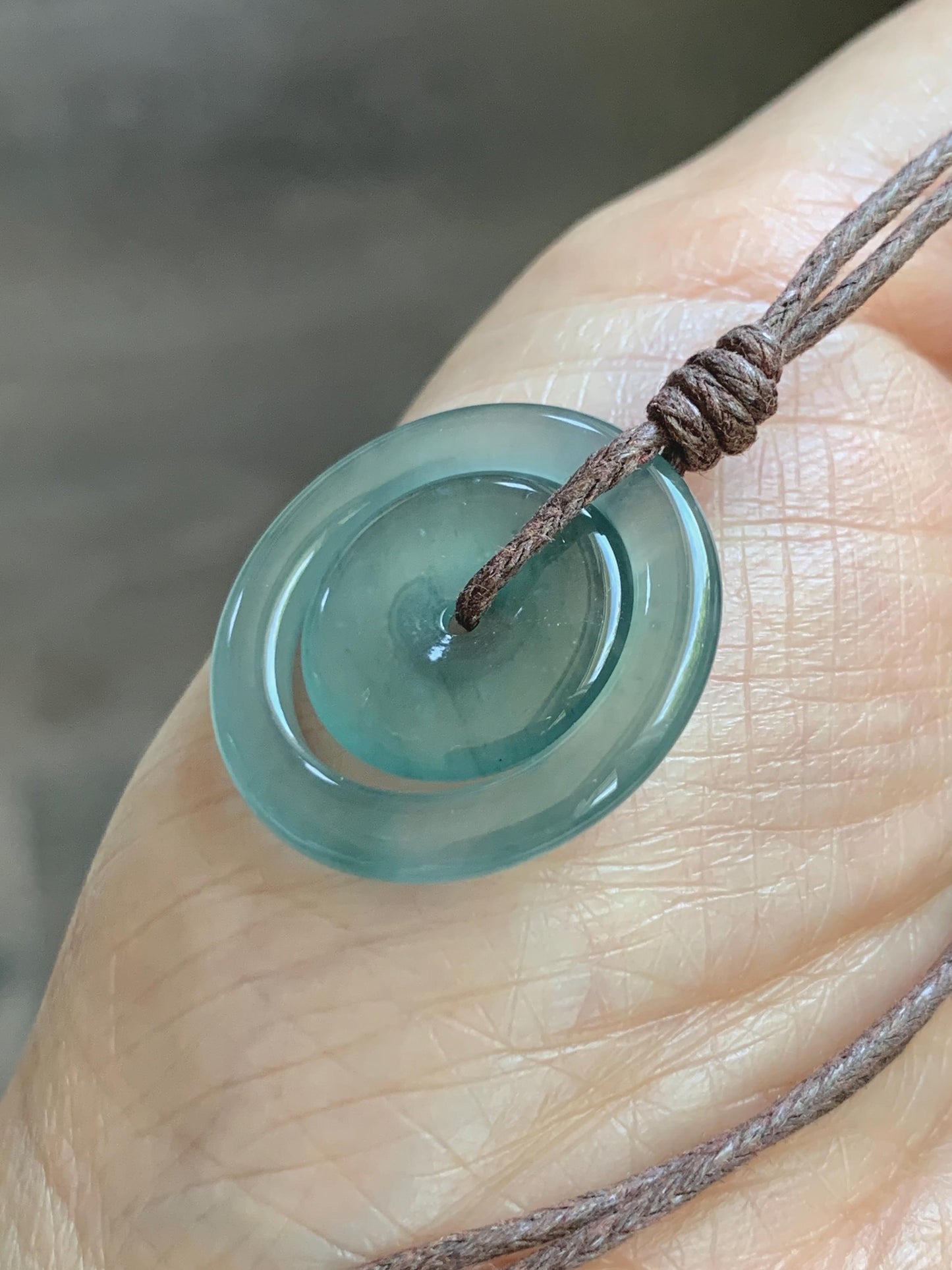 Natural Grade A Guatemalan Icy Translucent Light Teal Green Jade Jadeite Mother and Child Ping An Kou Donut Pendant 24” 天然冰危蓝绿翡翠子母扣吊坠WZM330B