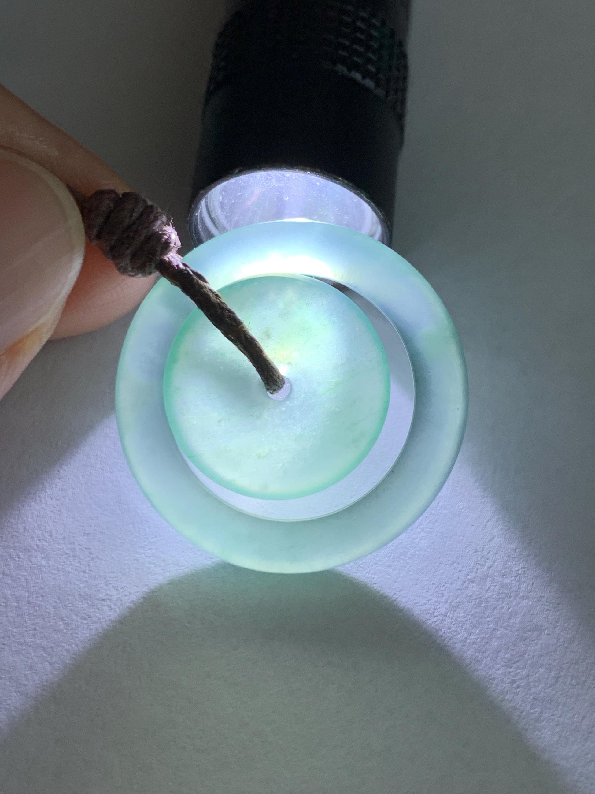 Natural Grade A Guatemalan Icy Translucent Light Teal Green Jade Jadeite Mother and Child Ping An Kou Donut Pendant 24” 天然冰危蓝绿翡翠子母扣吊坠WZM330B