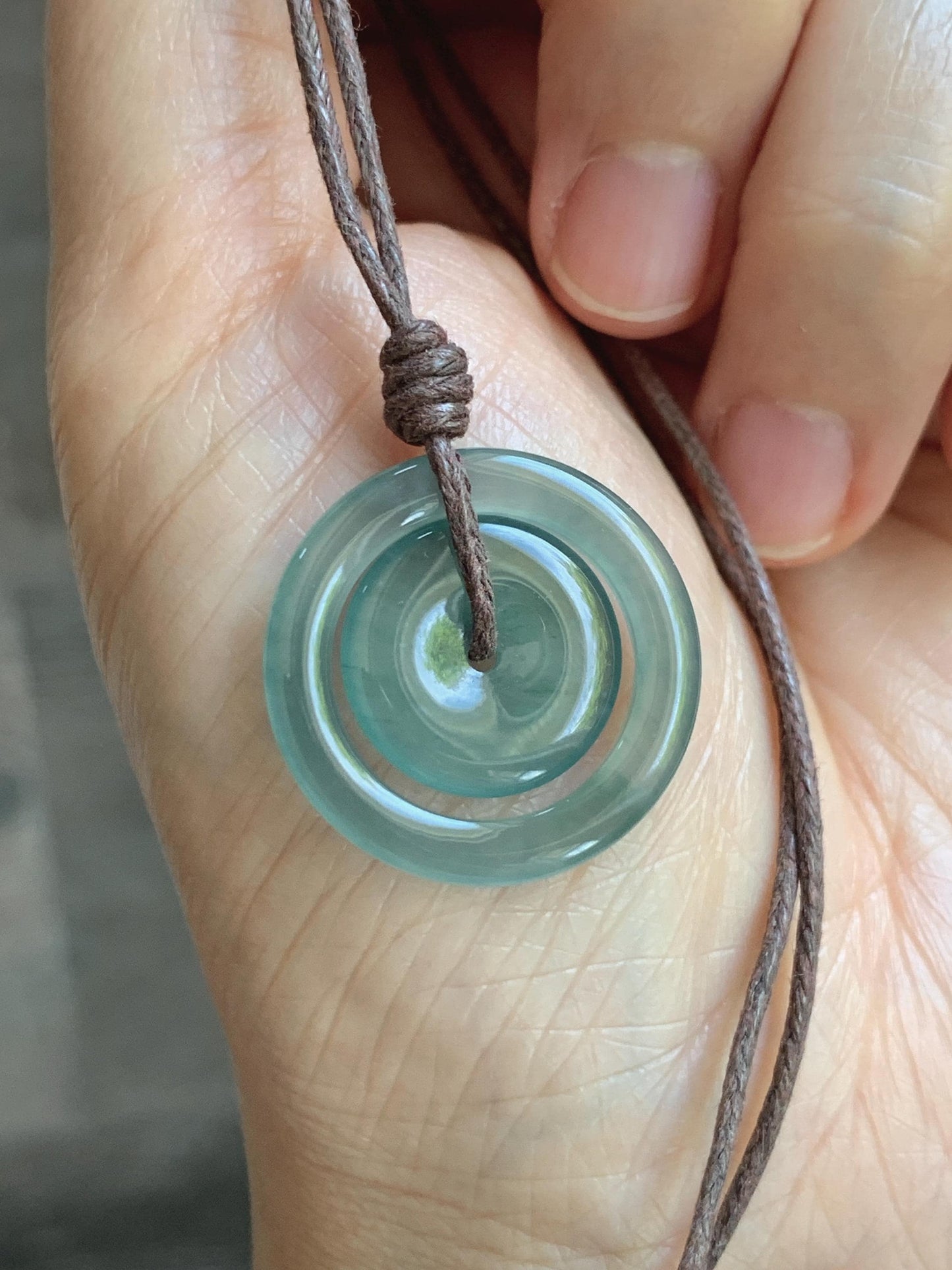 Natural Grade A Guatemalan Icy Translucent Light Teal Green Jade Jadeite Mother and Child Ping An Kou Donut Pendant 24” 天然冰危蓝绿翡翠子母扣吊坠WZM330B