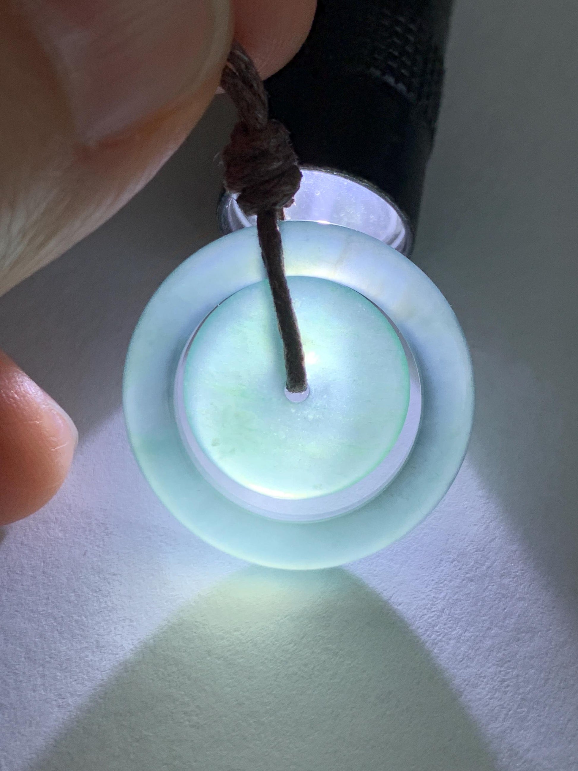 Natural Grade A Guatemalan Icy Translucent Light Teal Green Jade Jadeite Mother and Child Ping An Kou Donut Pendant 24” 天然冰危蓝绿翡翠子母扣吊坠WZM330B