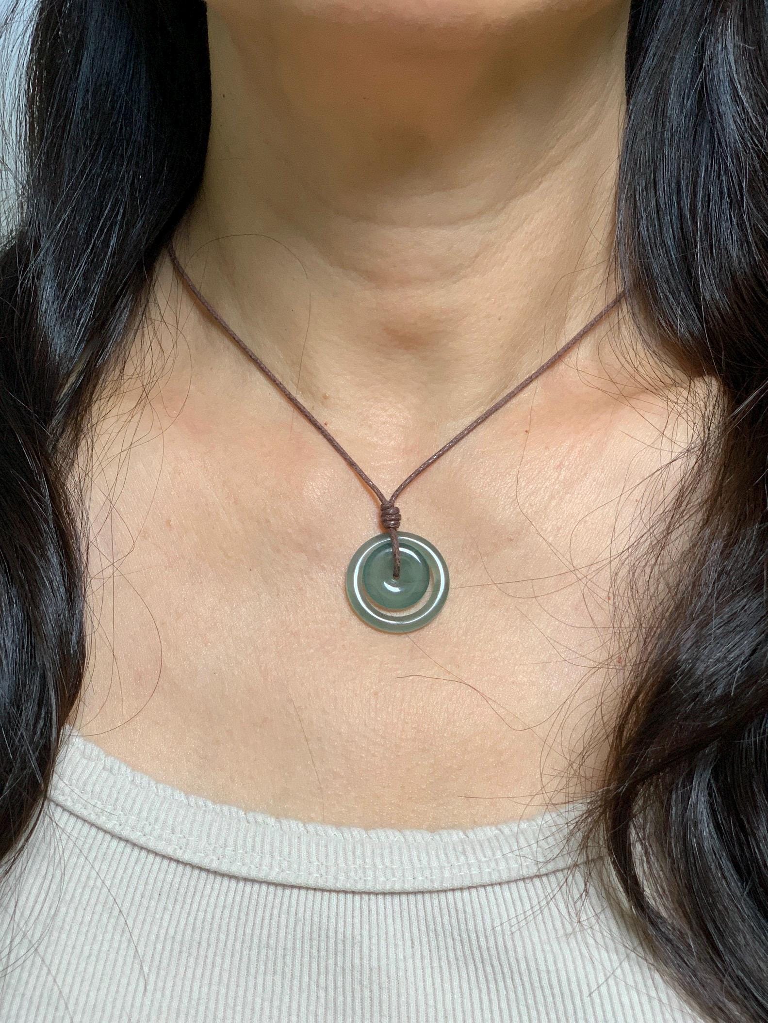 Natural Grade A Guatemalan Icy Translucent Light Teal Green Jade Jadeite Mother and Child Ping An Kou Donut Pendant 24” 天然冰危蓝绿翡翠子母扣吊坠WZM330A