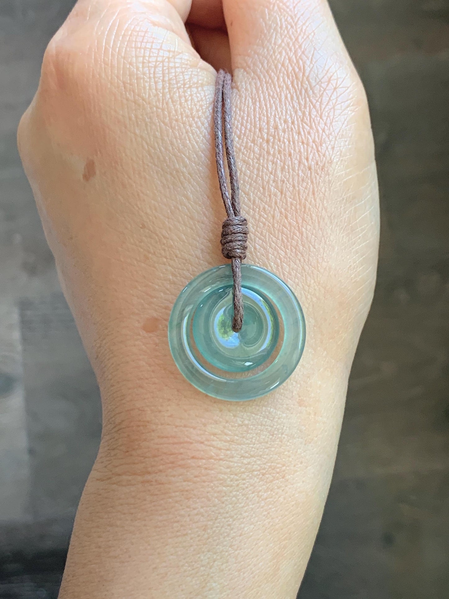 Natural Grade A Guatemalan Icy Translucent Light Teal Green Jade Jadeite Mother and Child Ping An Kou Donut Pendant 24” 天然冰危蓝绿翡翠子母扣吊坠WZM330A