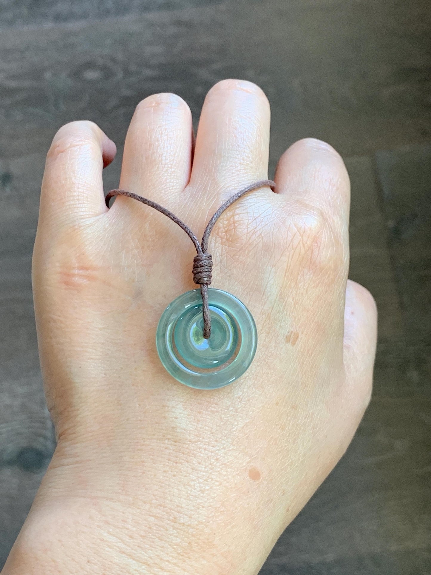 Natural Grade A Guatemalan Icy Translucent Light Teal Green Jade Jadeite Mother and Child Ping An Kou Donut Pendant 24” 天然冰危蓝绿翡翠子母扣吊坠WZM330A