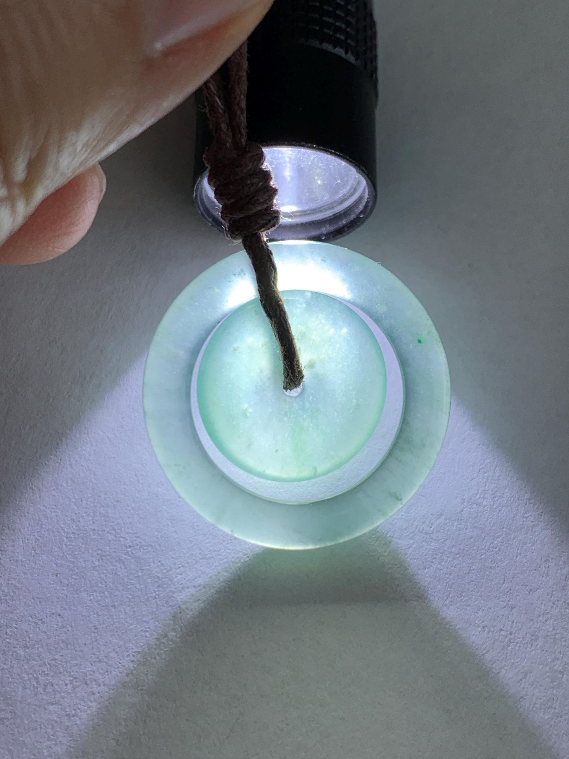 Natural Grade A Guatemalan Icy Translucent Light Teal Green Jade Jadeite Mother and Child Ping An Kou Donut Pendant 24” 天然冰危蓝绿翡翠子母扣吊坠WZM330A