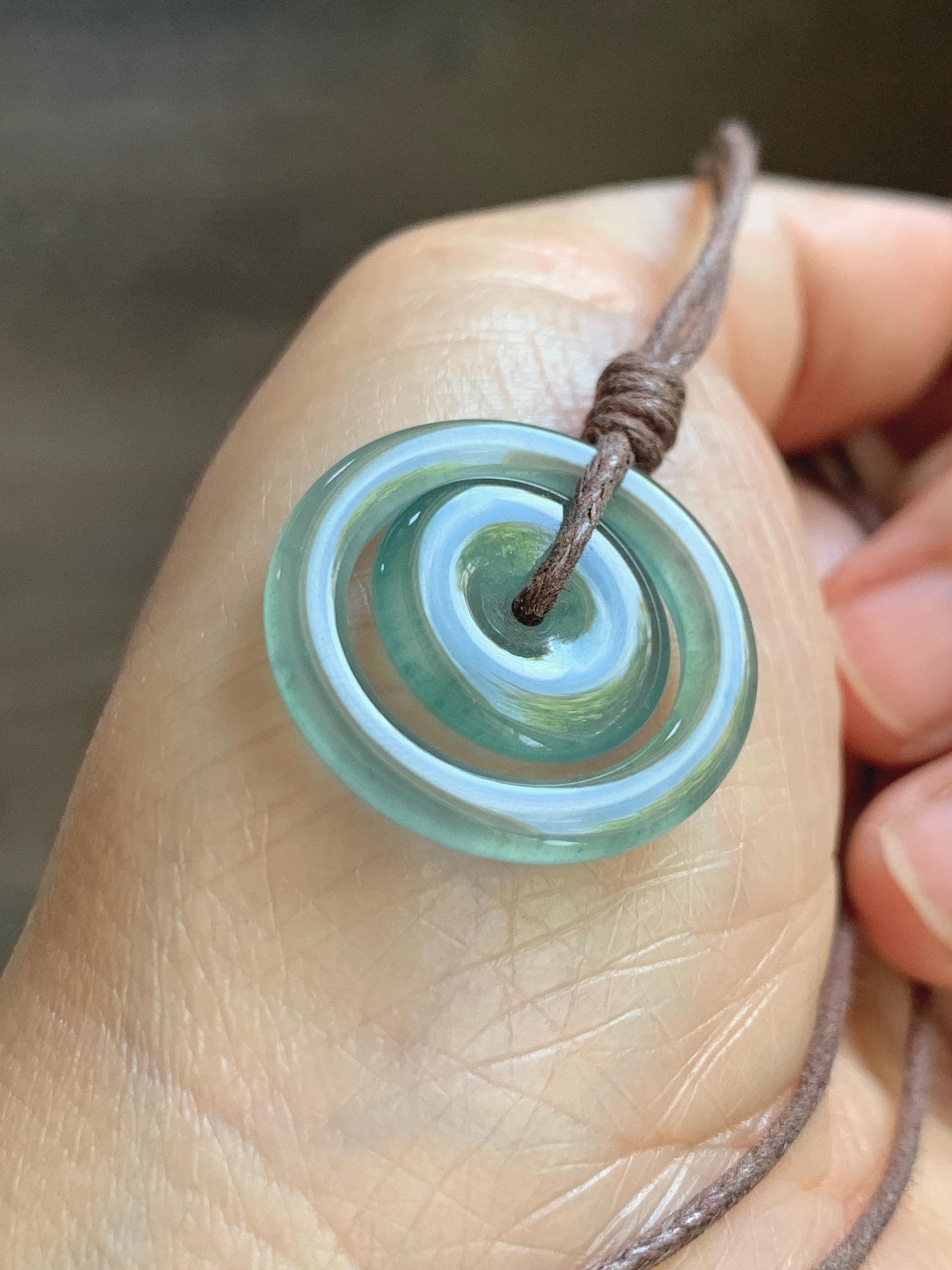 Natural Grade A Guatemalan Icy Translucent Light Teal Green Jade Jadeite Mother and Child Ping An Kou Donut Pendant 24” 天然冰危蓝绿翡翠子母扣吊坠WZM330A