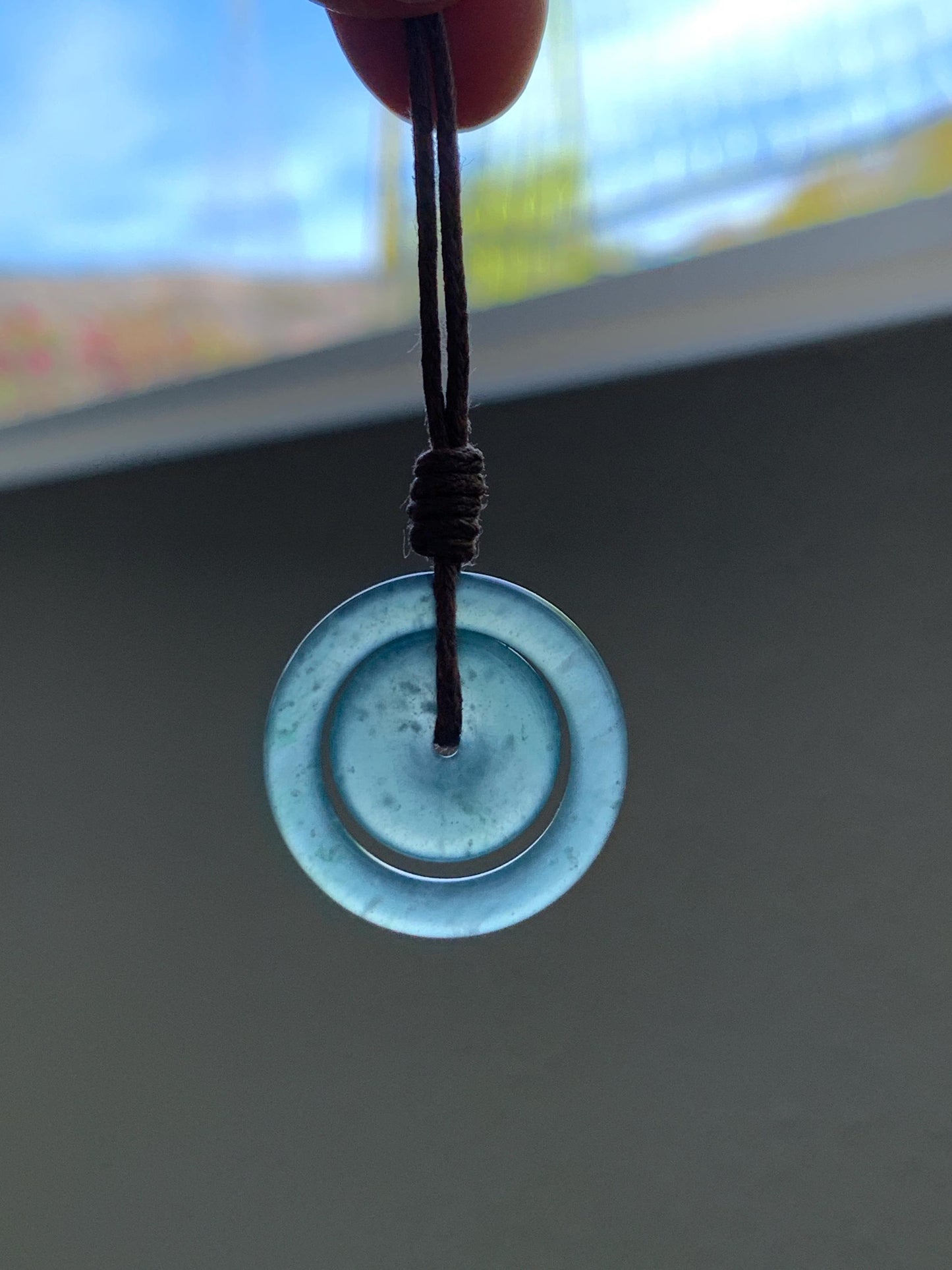 Natural Grade A Guatemalan Icy Translucent Light Teal Green Jade Jadeite Mother and Child Ping An Kou Donut Pendant 24” 天然冰危蓝绿翡翠子母扣吊坠WZM330A