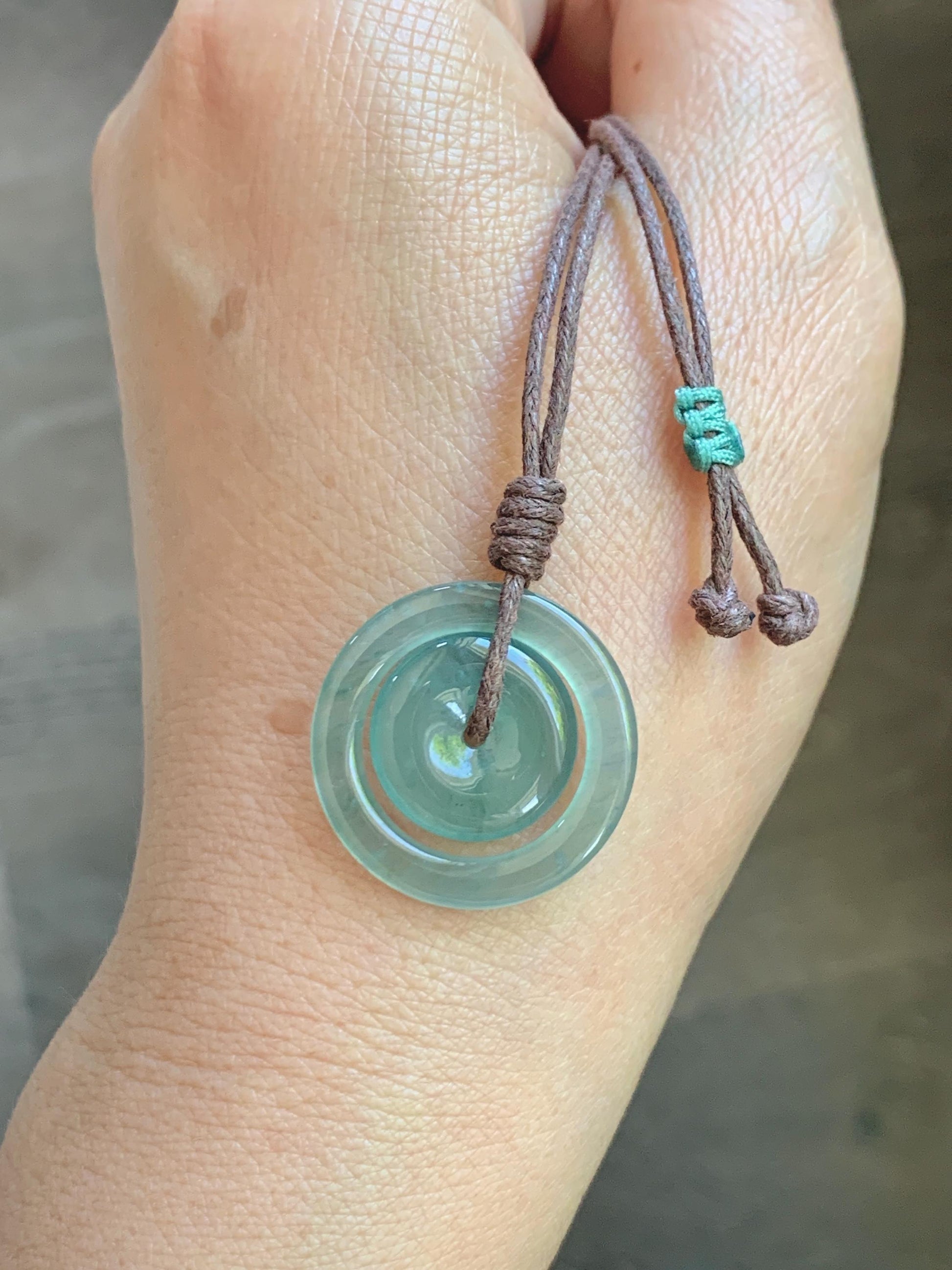 Natural Grade A Guatemalan Icy Translucent Light Teal Green Jade Jadeite Mother and Child Ping An Kou Donut Pendant 24” 天然冰危蓝绿翡翠子母扣吊坠WZM330A
