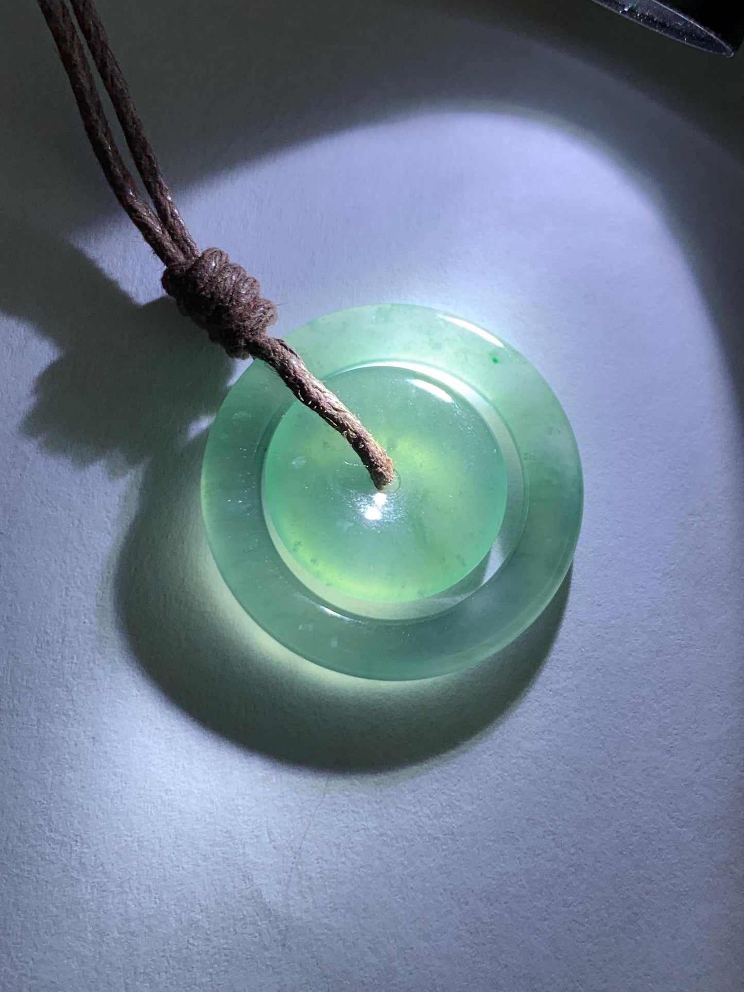 Natural Grade A Guatemalan Icy Translucent Light Teal Green Jade Jadeite Mother and Child Ping An Kou Donut Pendant 24” 天然冰危蓝绿翡翠子母扣吊坠WZM330A